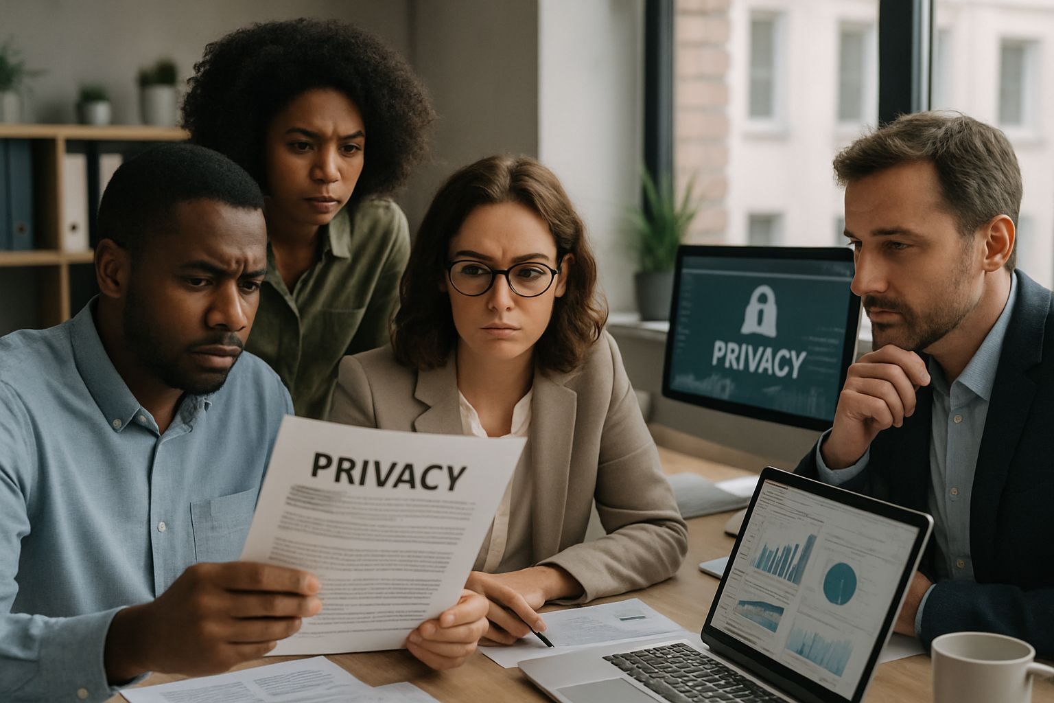 Professionals discussing data privacy in Mass Surveillance System context