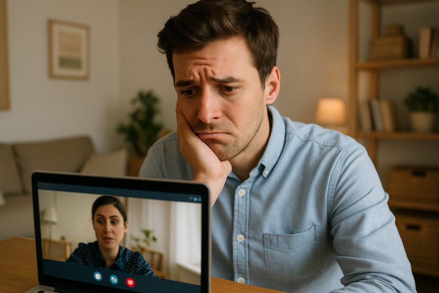 Close-up of job seeker during Candidate Anxiety Shift in online AI interview.