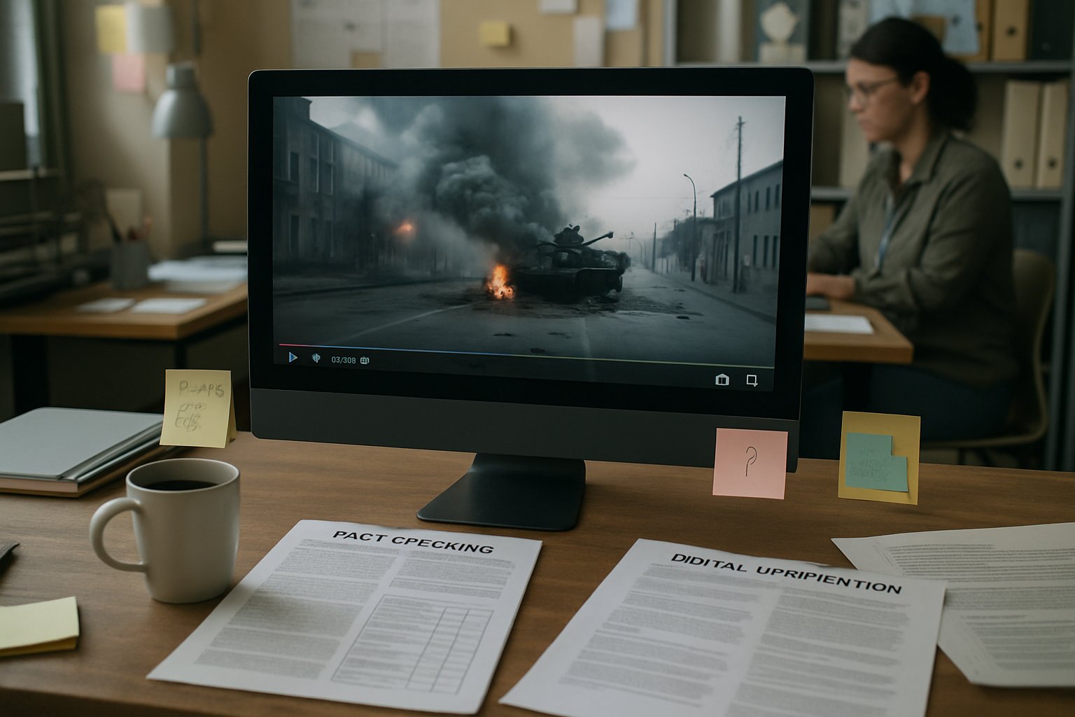 Fact-checkers at work analyzing war footage for verification failure