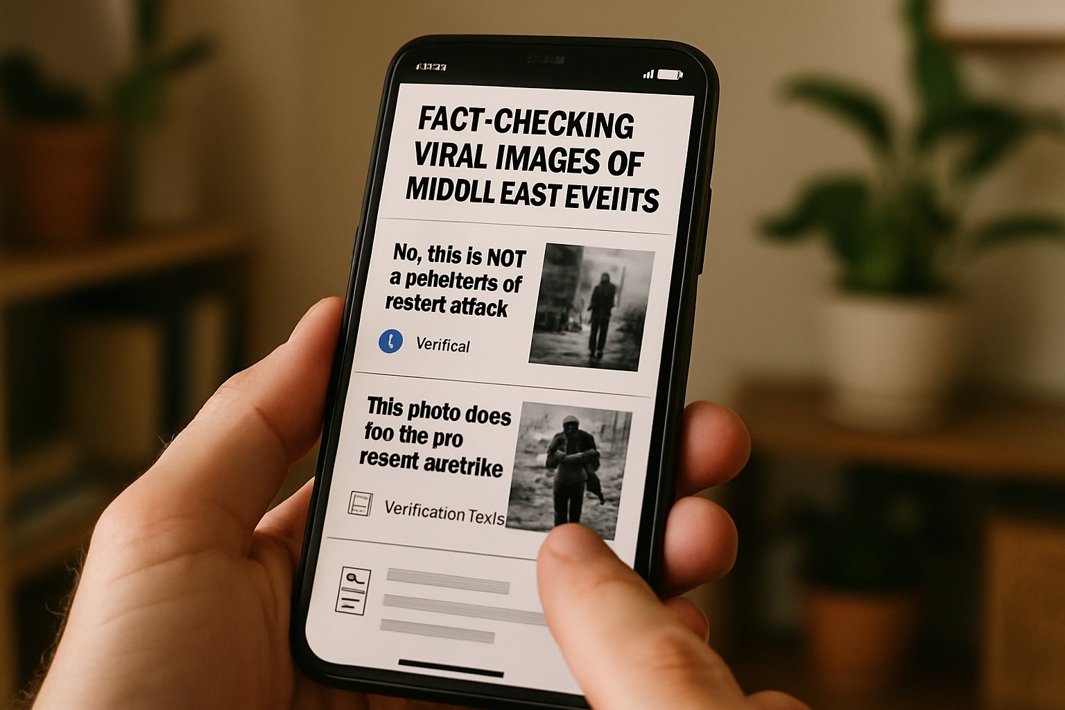 Fact-checking viral Middle East Disinformation images on a smartphone.