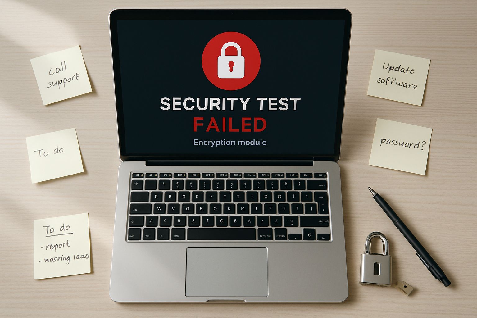 Laptop showing failed security test indicating Basic Defense Gap.