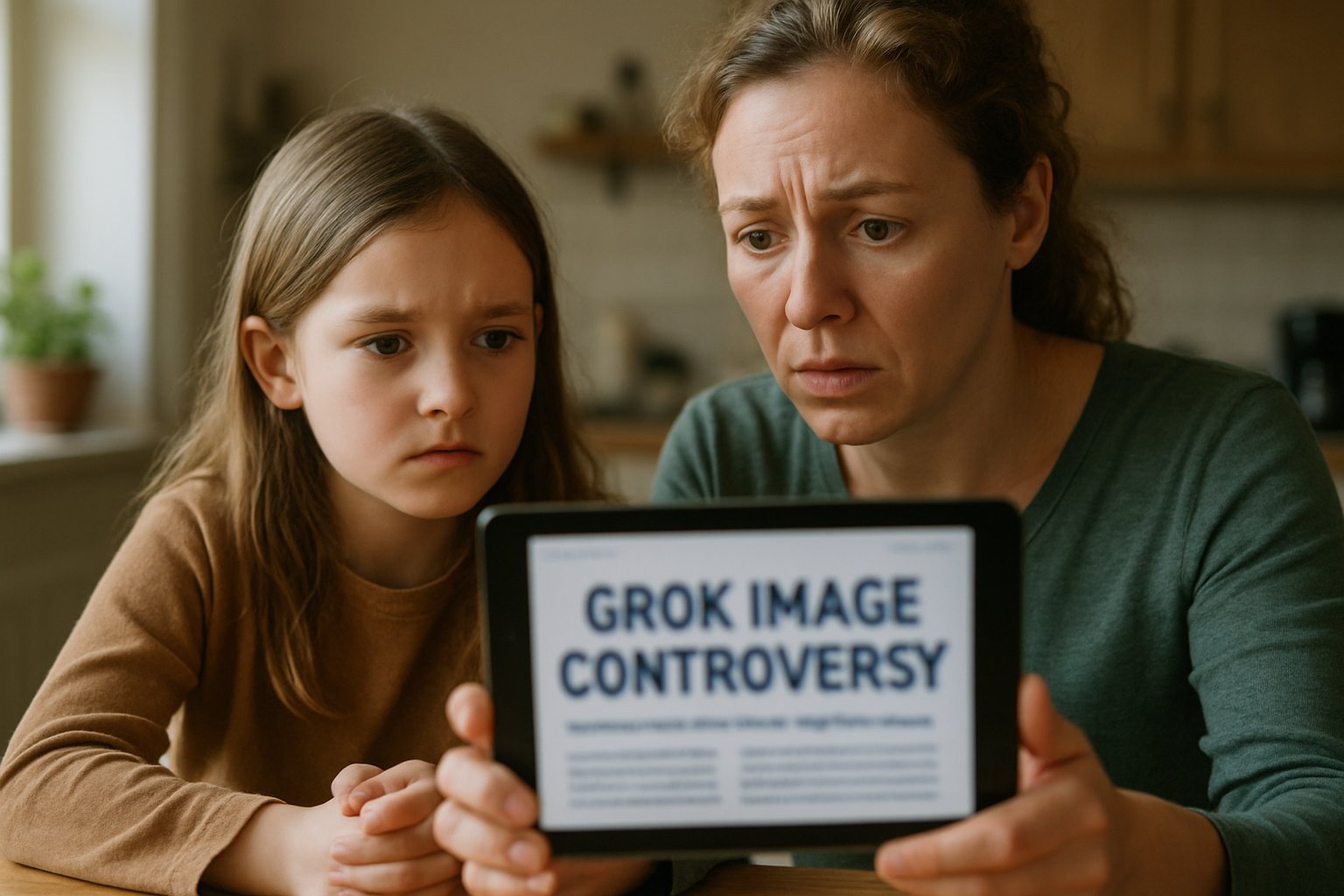 Concerned parent explains Grok Image Controversy to child using a tablet at home.