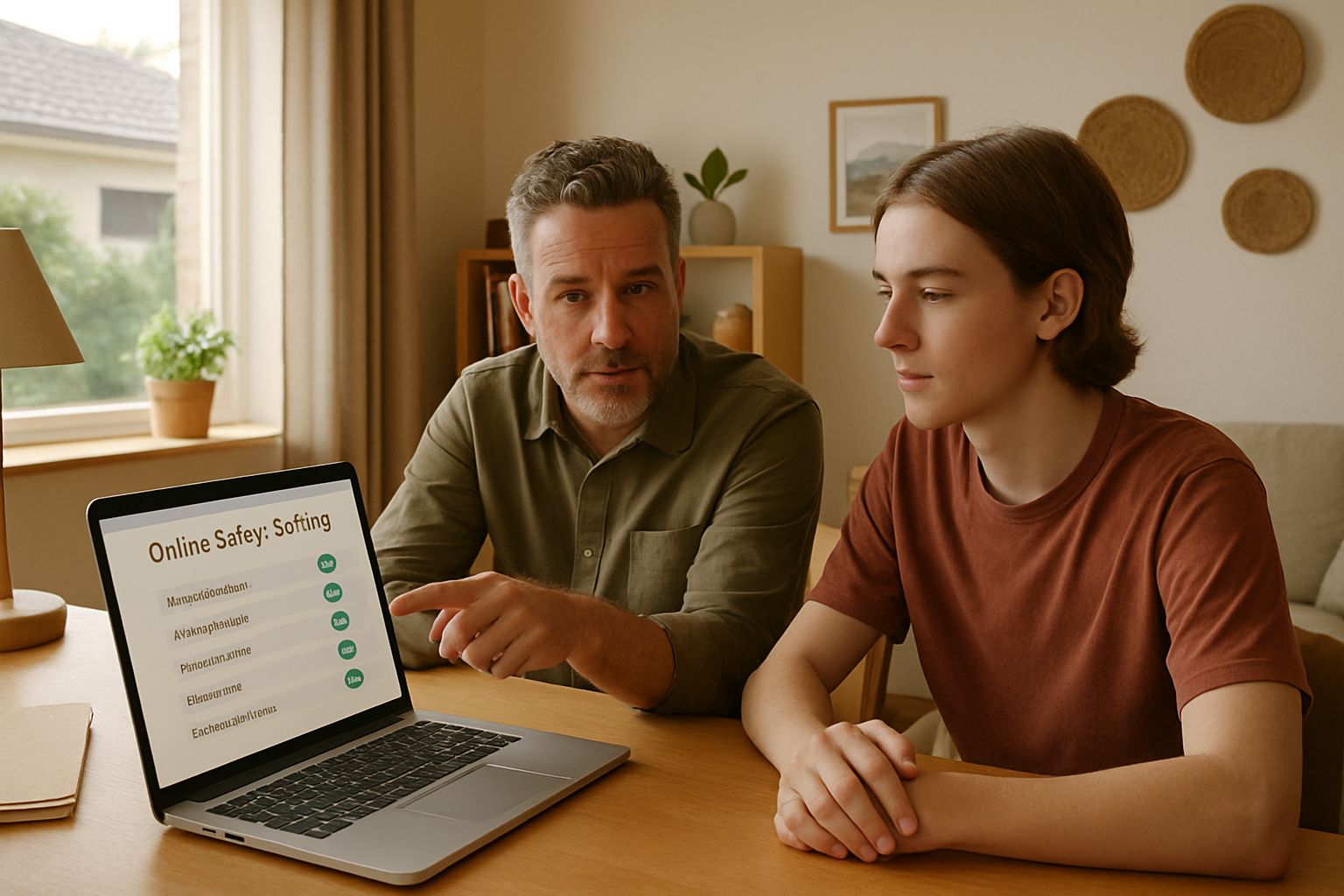 Parent and teen discuss Teen Social Protection with online safety tools.