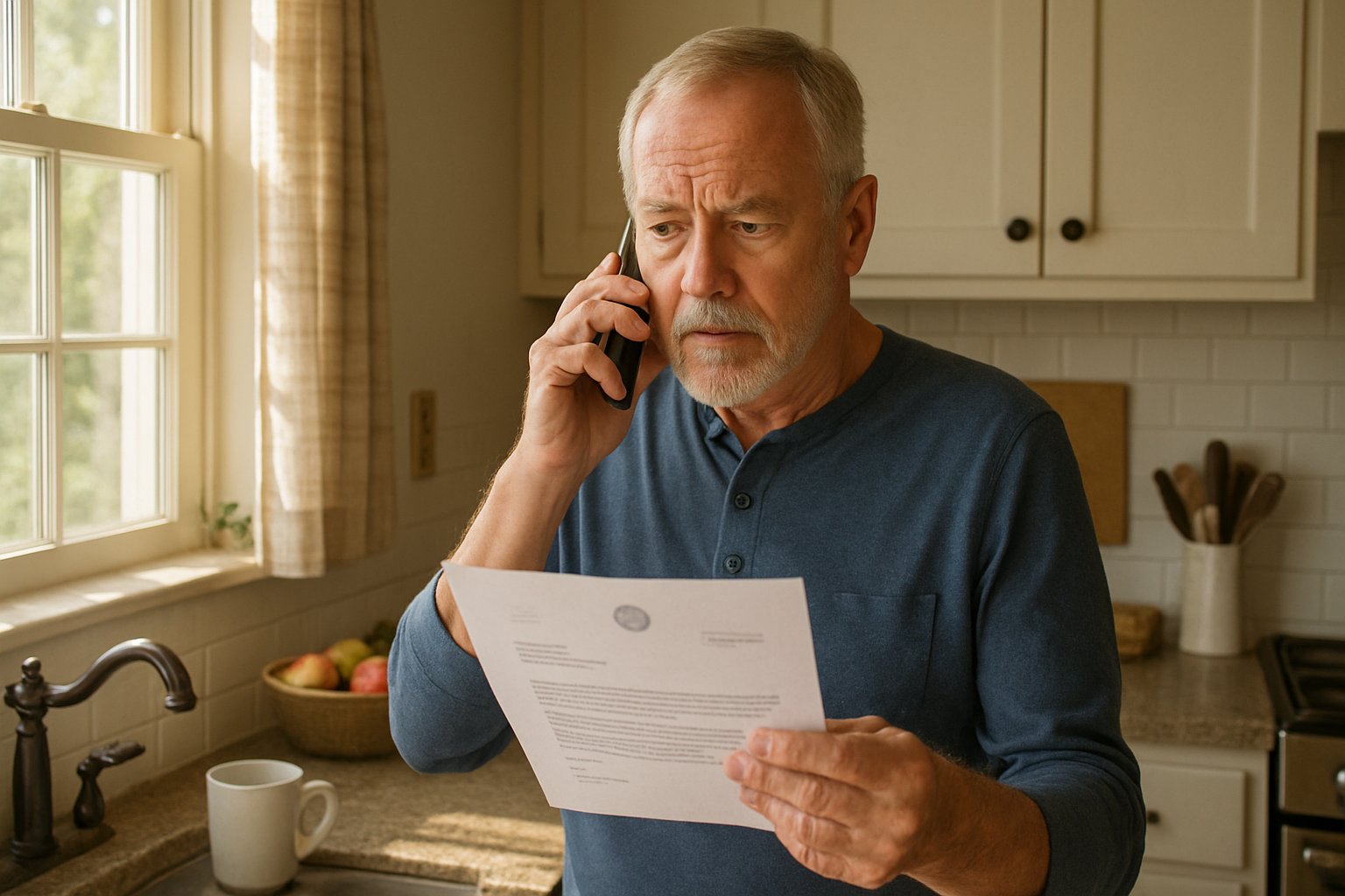 Vulnerability Target Warning as elderly man consults relative about scam letter.
