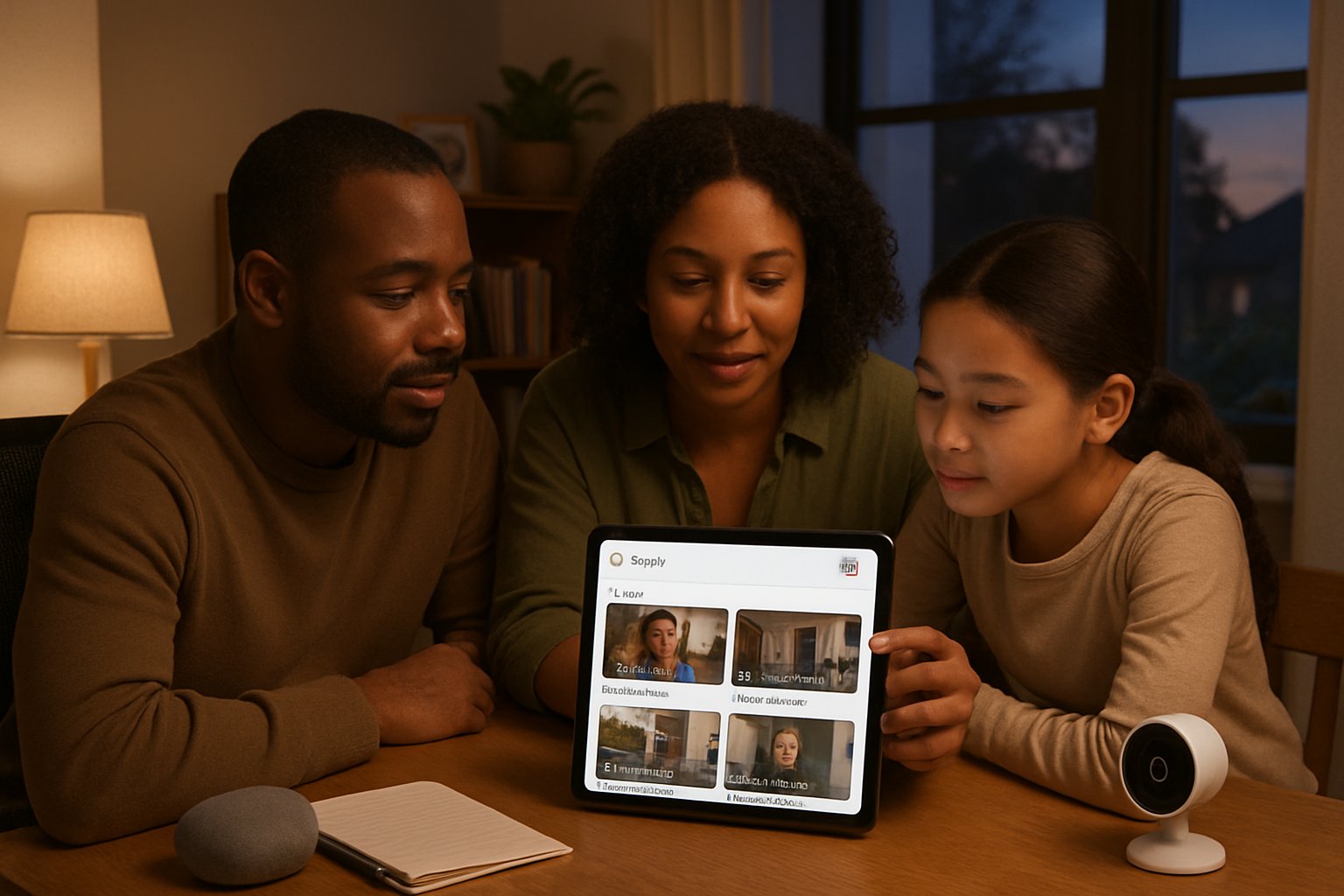 Family using Gemini Vision for live AI camera search through Google Home app.