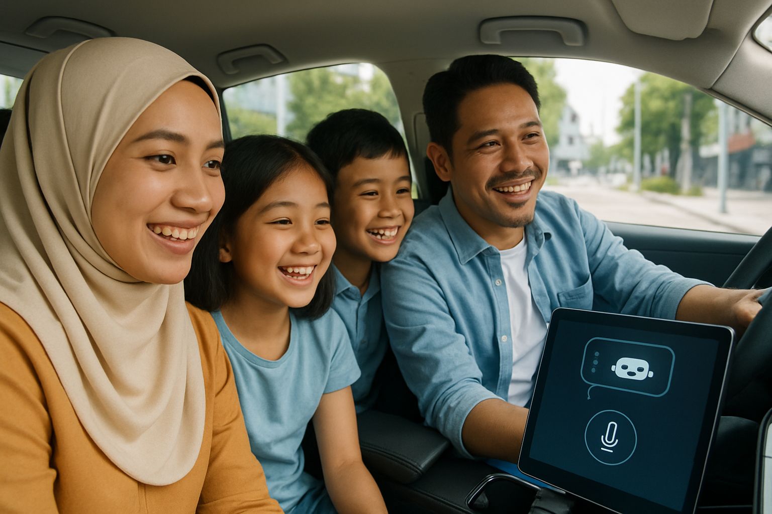 Family using In-Vehicle Chatbots in a PRO-NET Malaysian electric car.