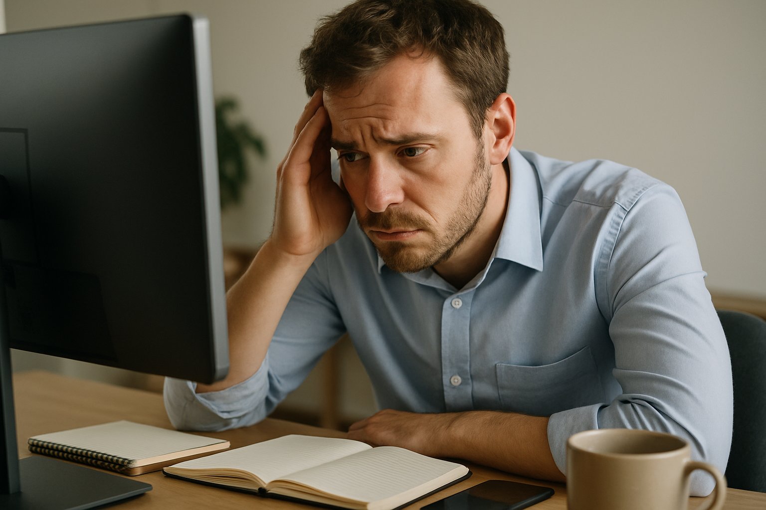 Tired worker showing signs of AI Worker Burnout at their desk