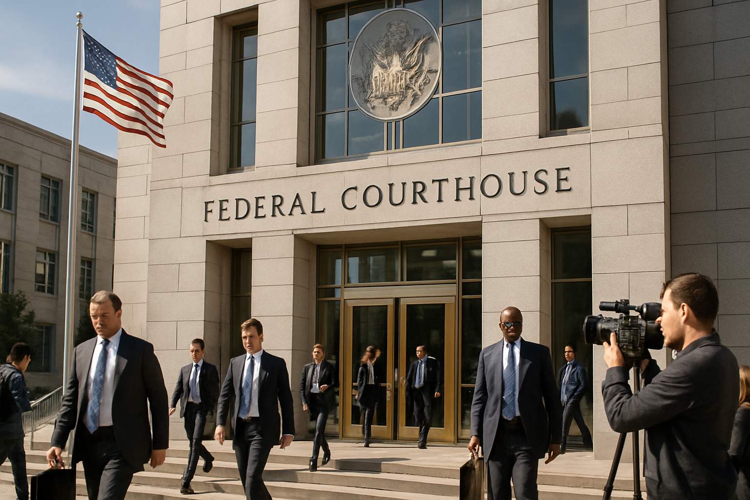 Courthouse entrance during high-profile Defense-Tech Litigation.