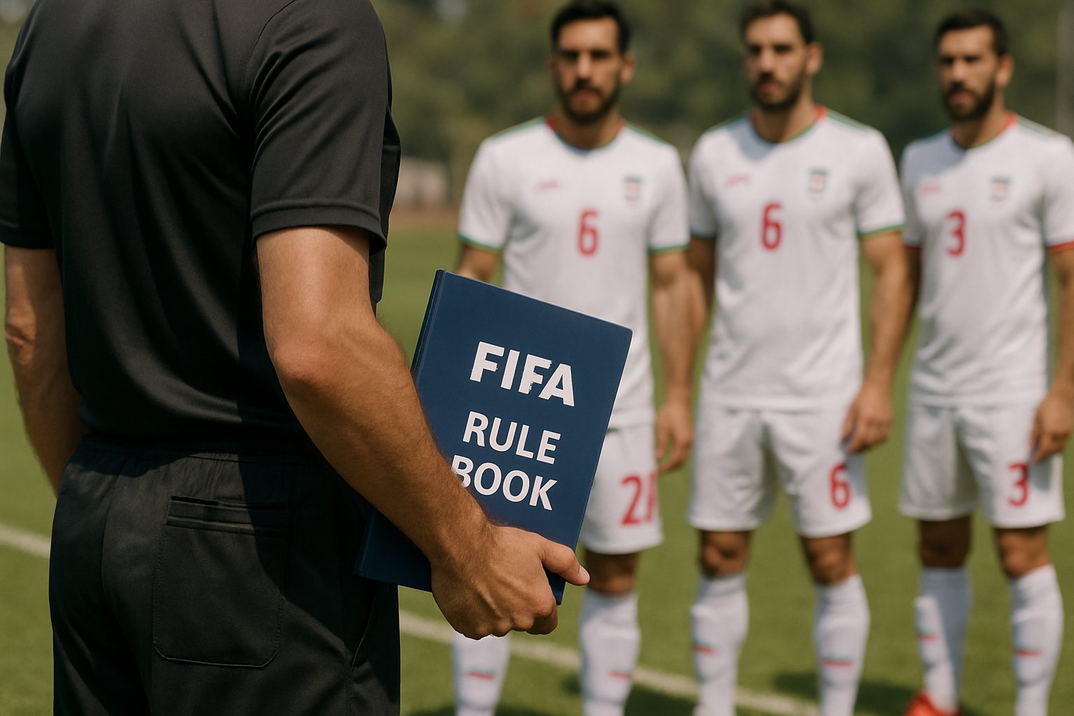 Sporting Conflict shown by referee and FIFA rulebook with Iranian players in background.