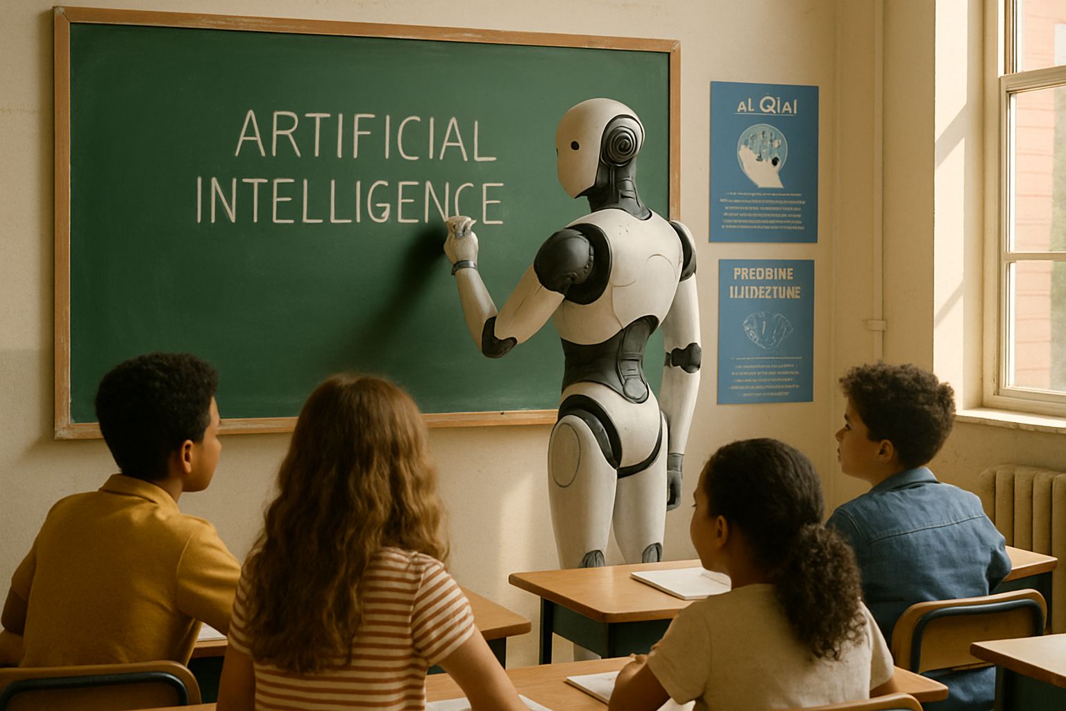 Figure 03 humanoid robot teaching students at a classroom in line with White House AI initiatives.