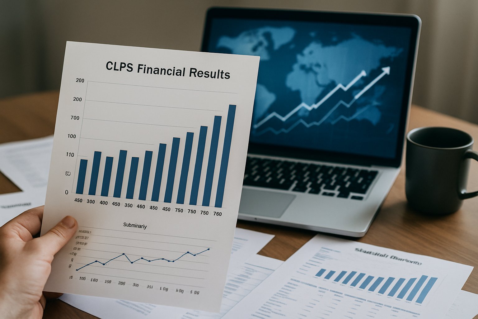 Hand holding CLPS Financial Results summary with global map on laptop.