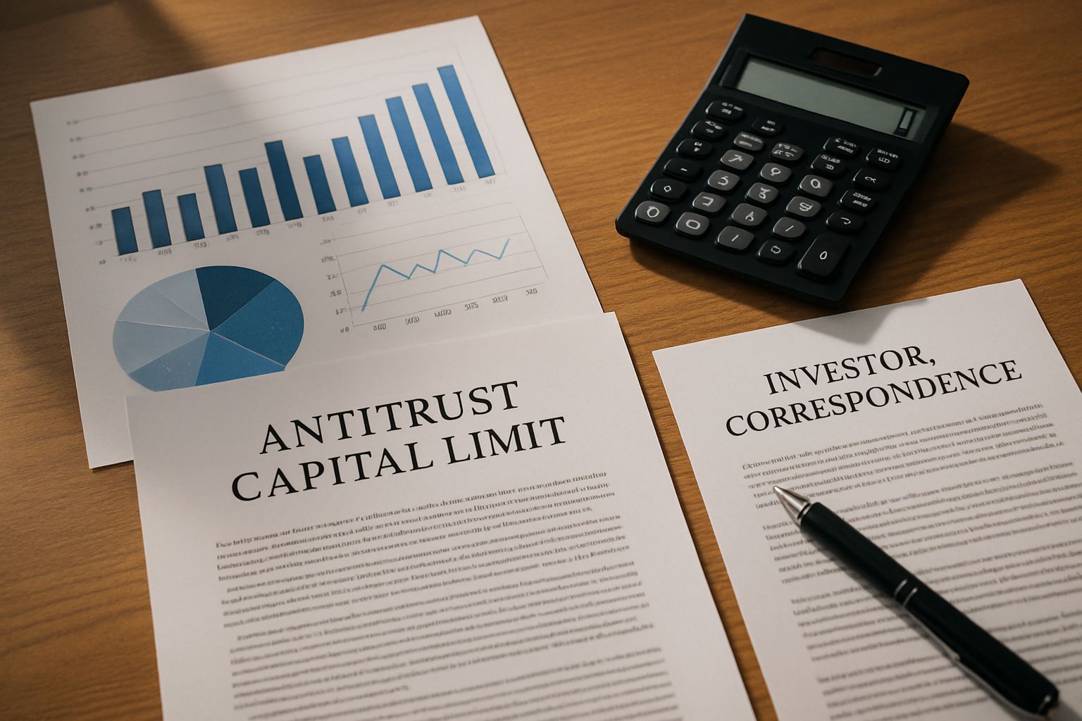 Financial documents illustrating Antitrust Capital Limit on a modern office desk.