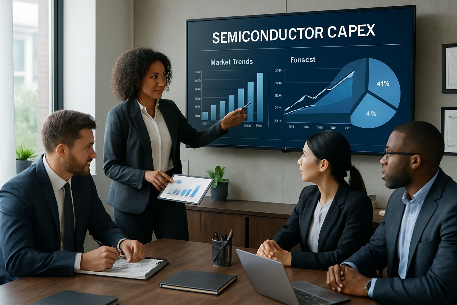 Finance professionals analyzing Semiconductor Capex Risk with market trend charts in office.