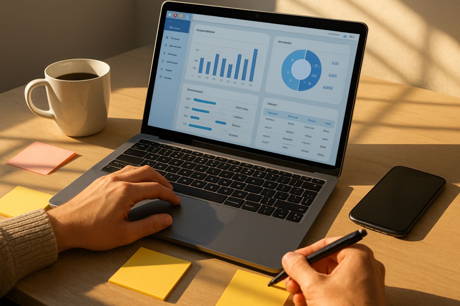 Desk setup with software dashboard for Software Productivity Review insights