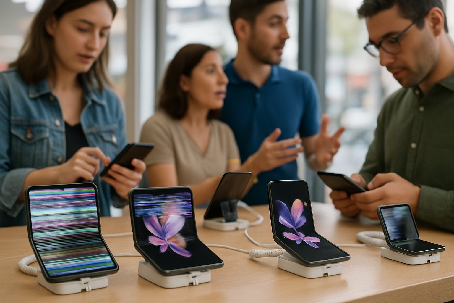 Folding phone display highlights Mobile Hardware Failure in retail setting.