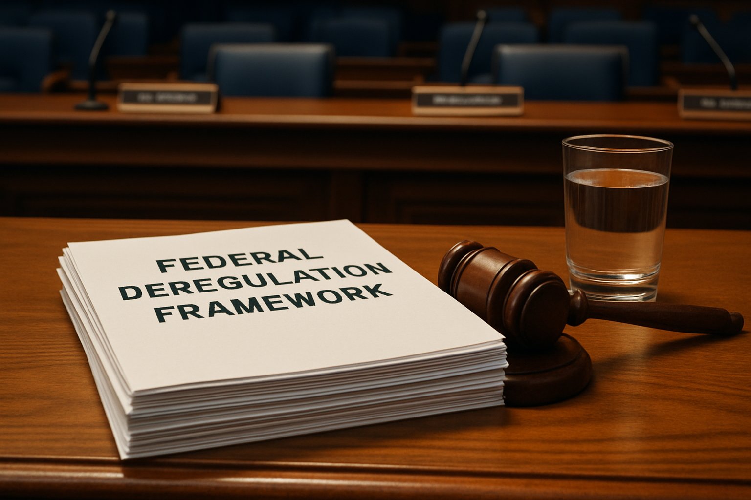 Congressional documents and gavel for Federal Deregulation Framework hearing.