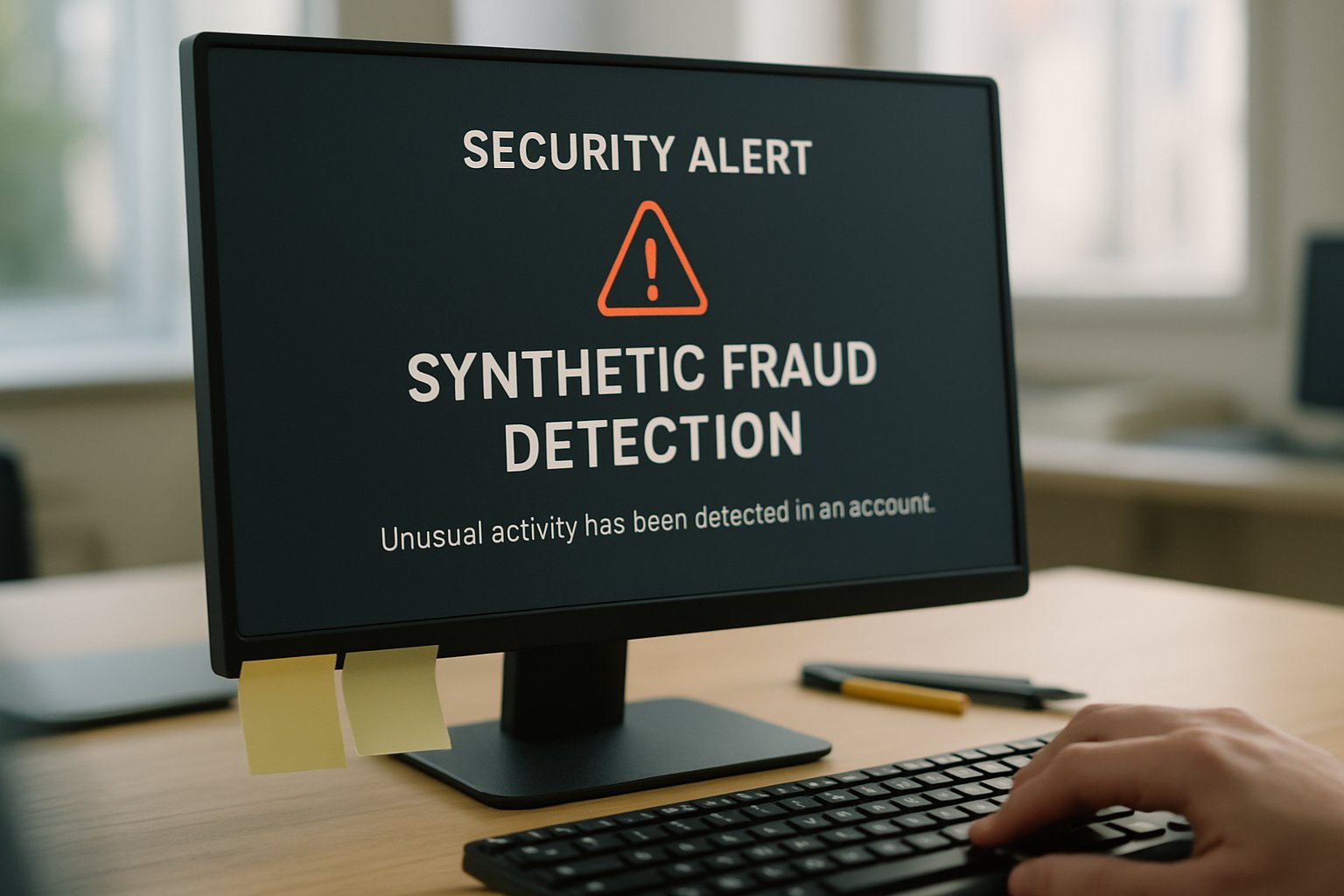 Synthetic Deception Defense alert visible on computer in real office workspace.