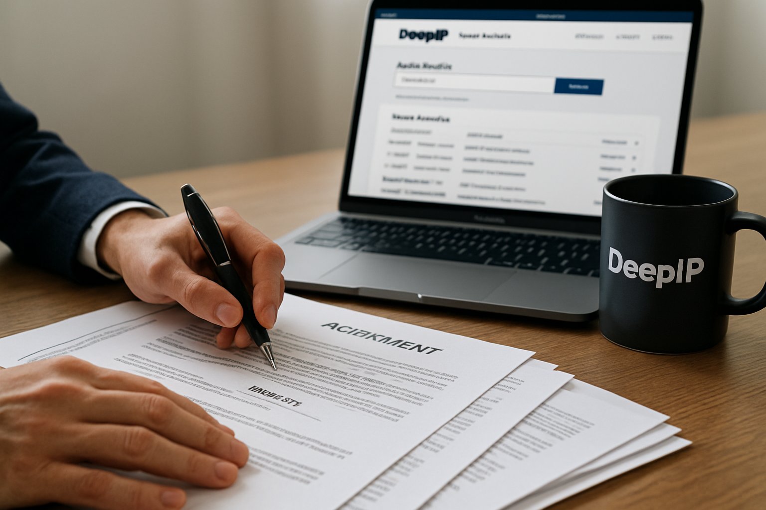DeepIP Patent Platform funding agreement signing with legal documents and branding.
