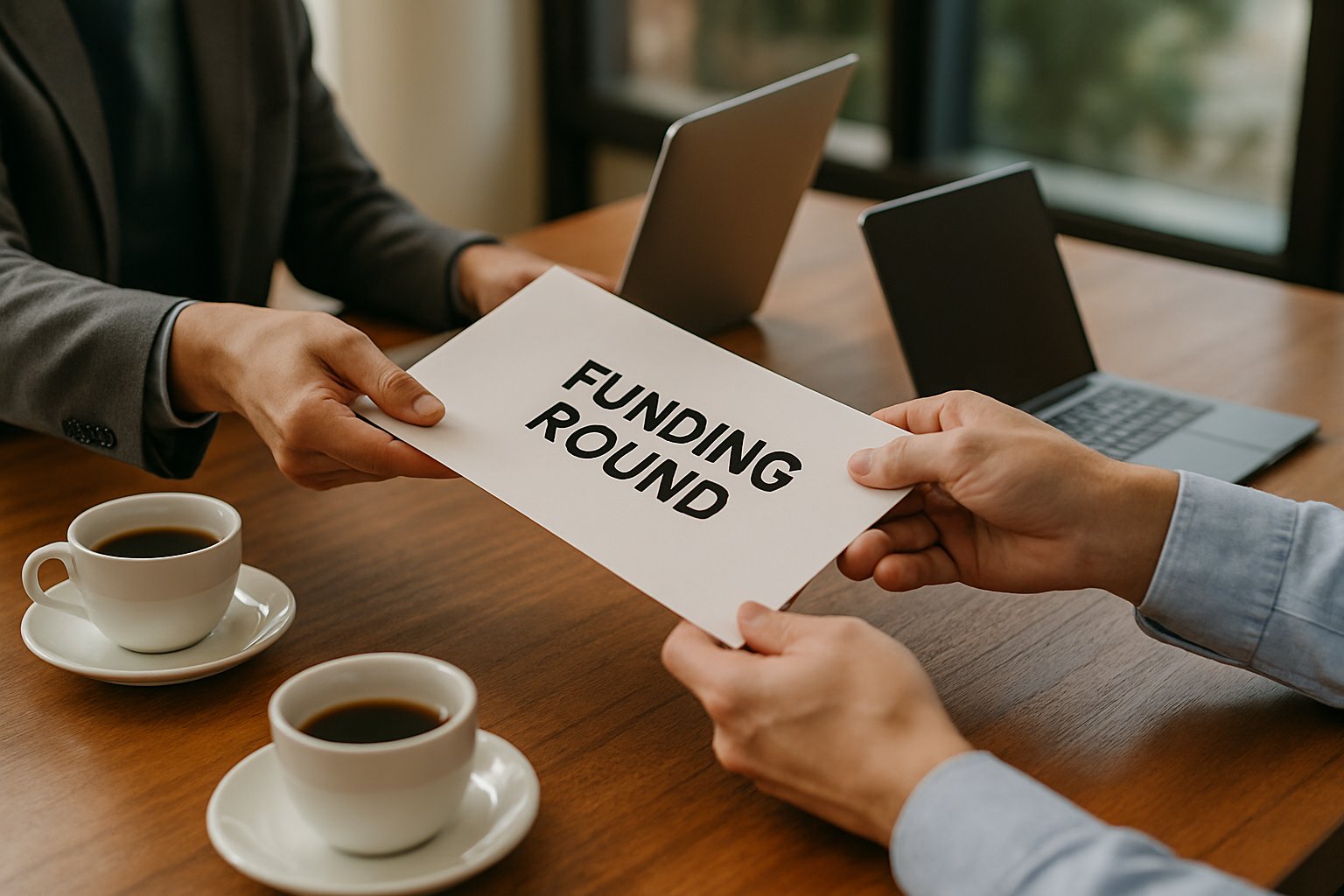 Hands exchanging Funding Round documents in a real-world investment meeting.