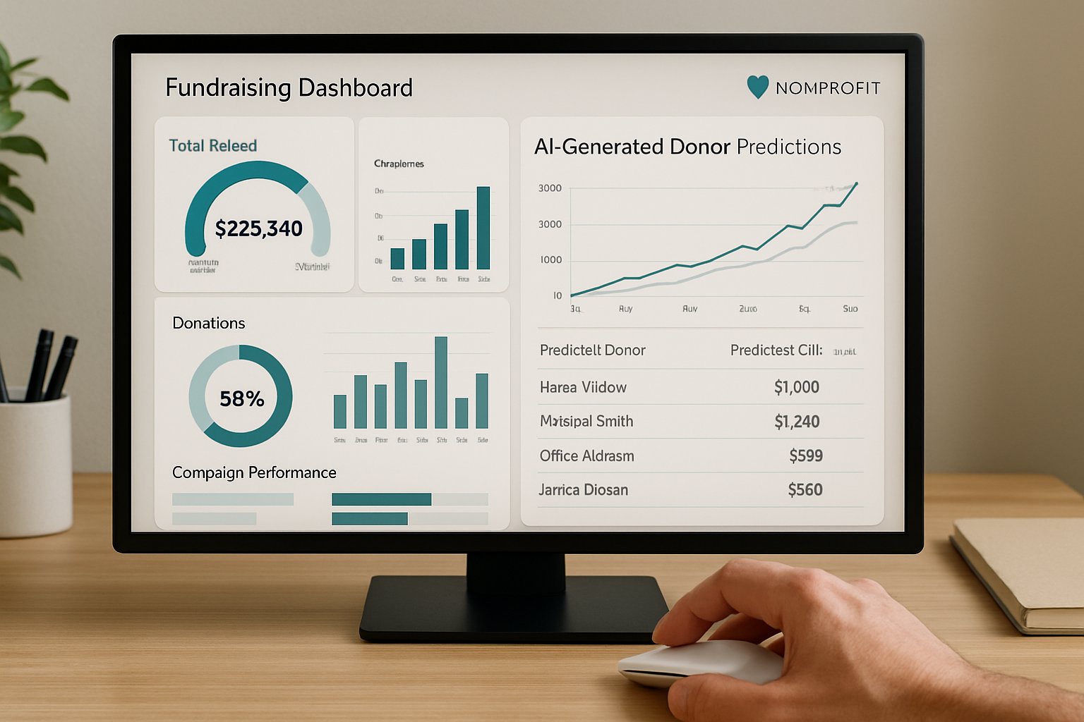 Close-up of Fundraising Prediction Tech dashboard showing donor data and predictions.