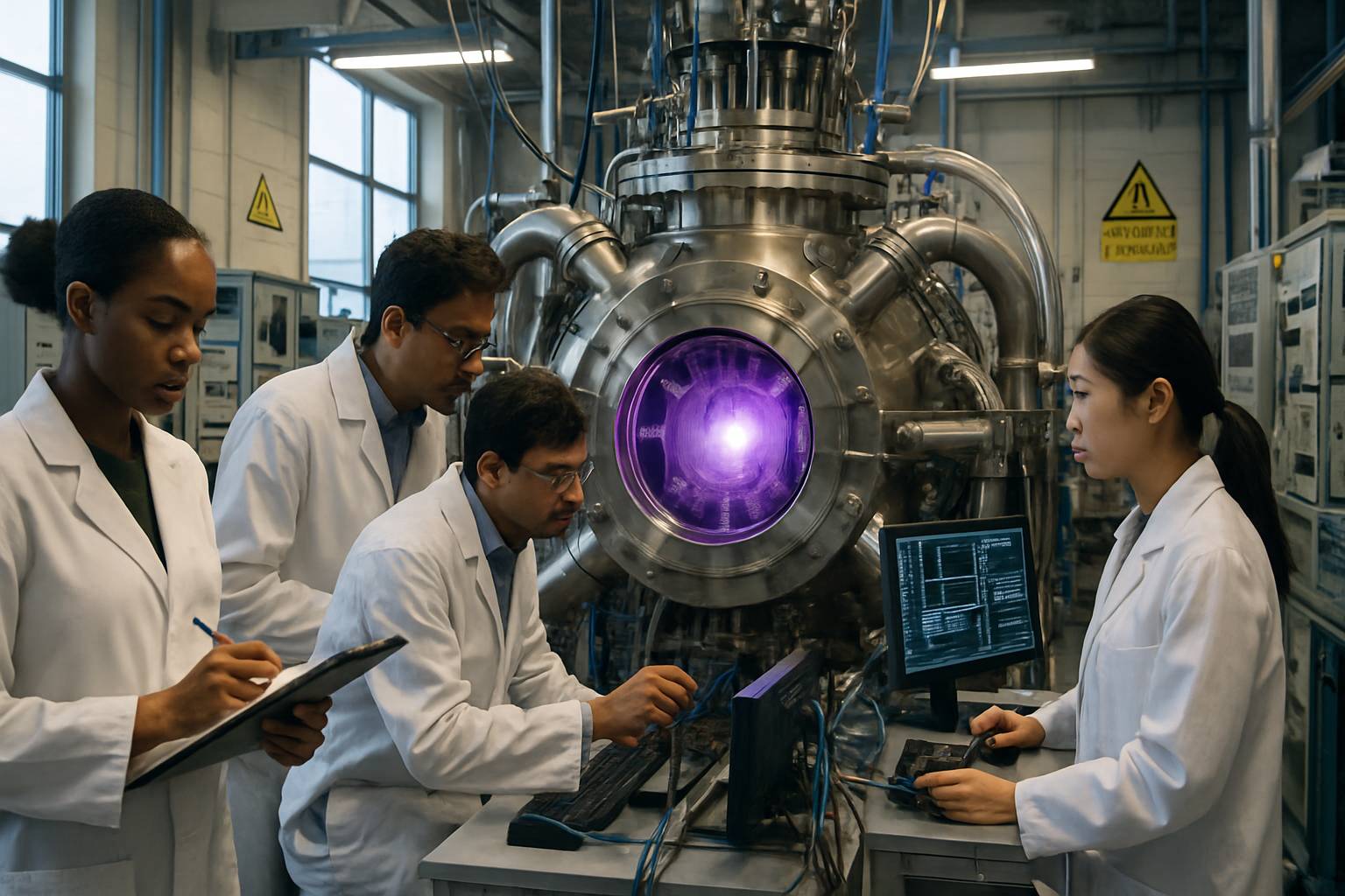 Fusion energy scientists develop Clean Energy solutions using advanced reactor laboratory equipment.