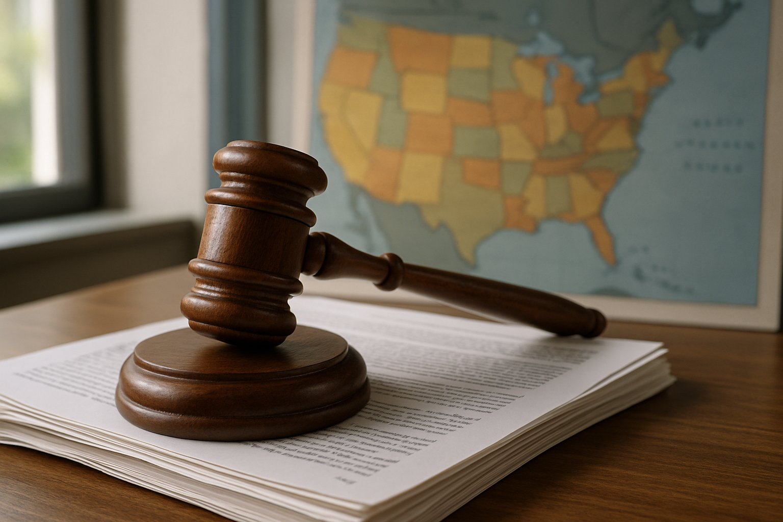 Legal Regulatory Landscape represented by gavel and US map for state AI laws.