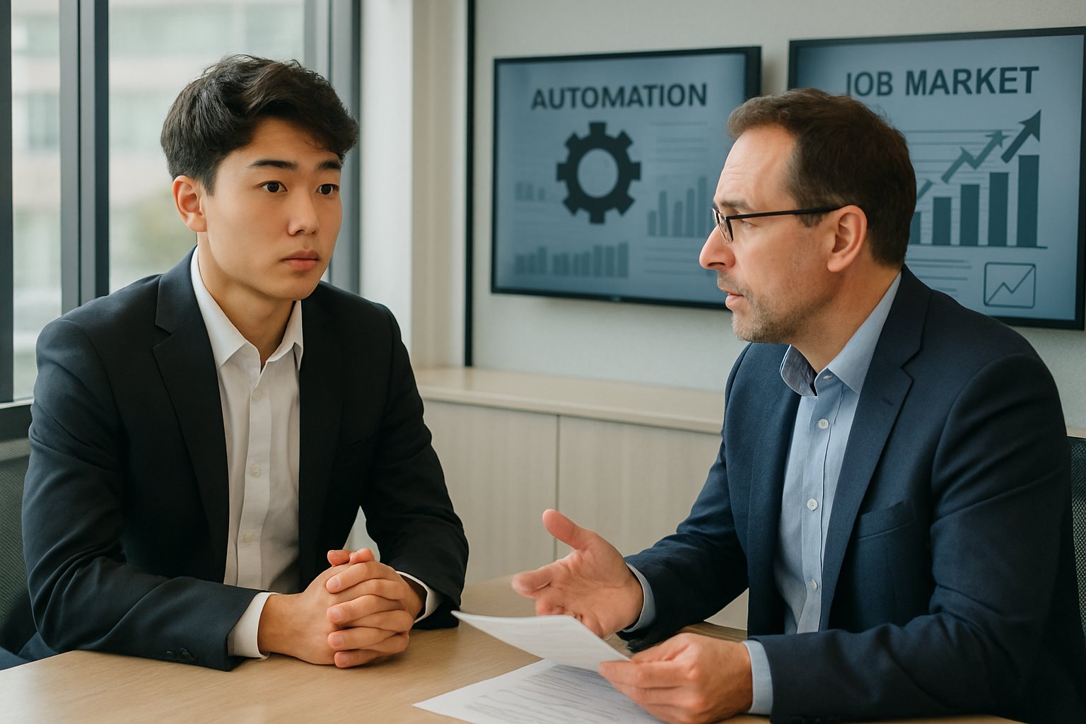 Gen Z candidate faces recruiter discussing Generative Labor Shift effects.