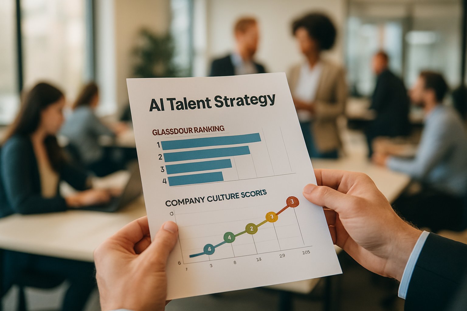 Printed AI Talent Strategy report highlighting Glassdoor rankings and culture scores.