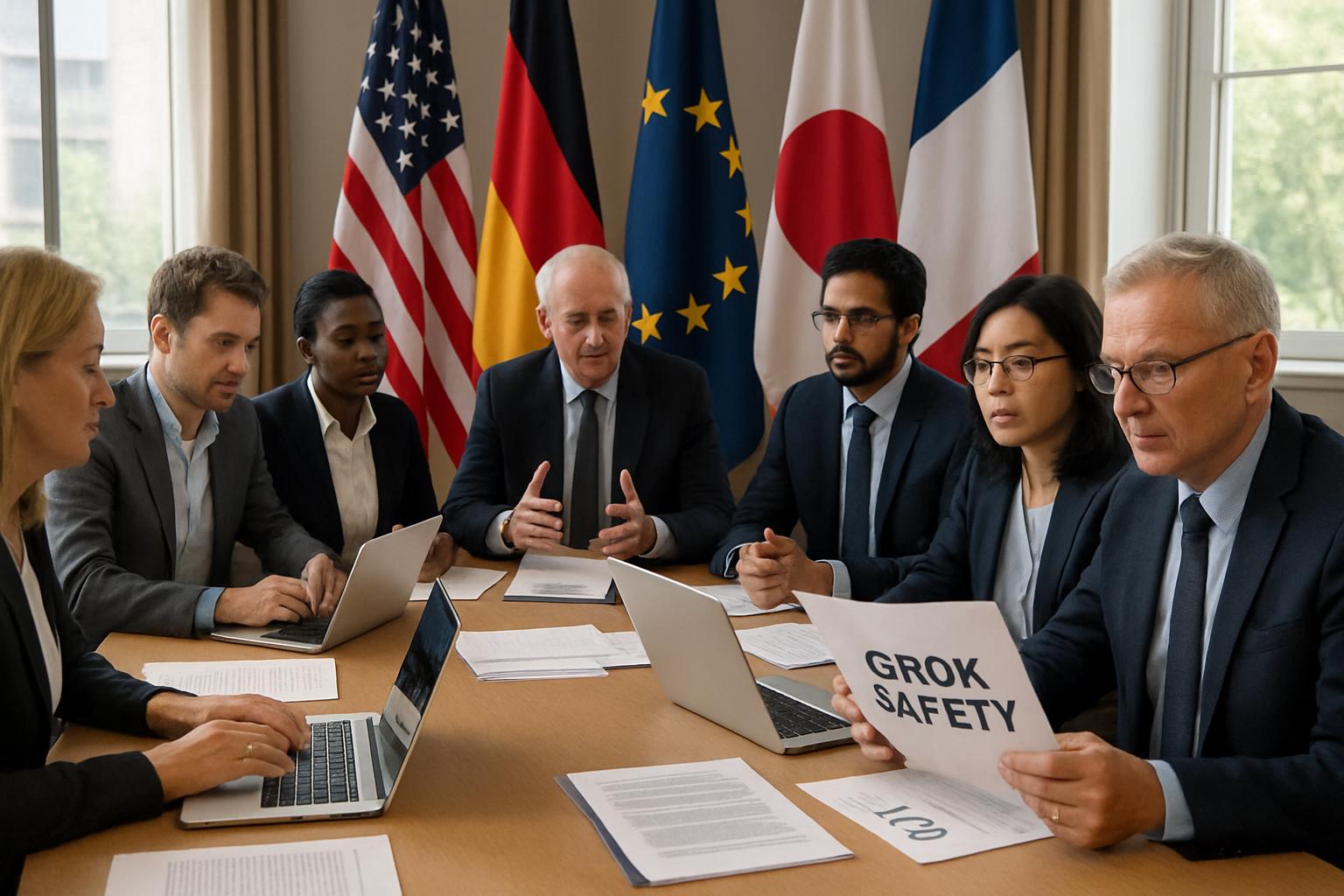 International officials and tech experts discuss Grok Safety crisis at a conference table.