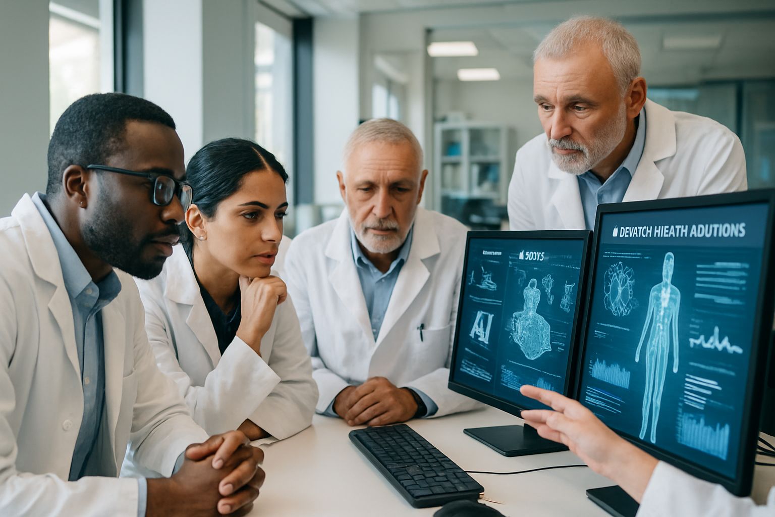 Researchers collaborating in a lab for Philanthropic AI Initiative project.