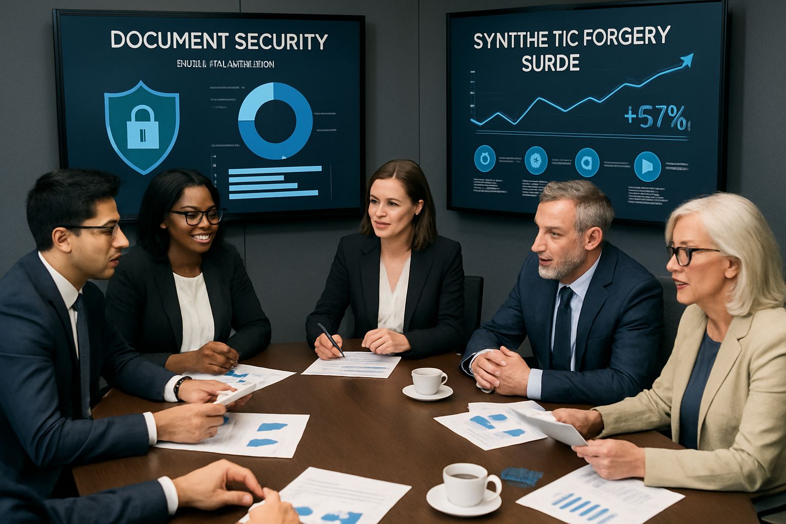 Business meeting examining risks from the Synthetic Forgery Surge.