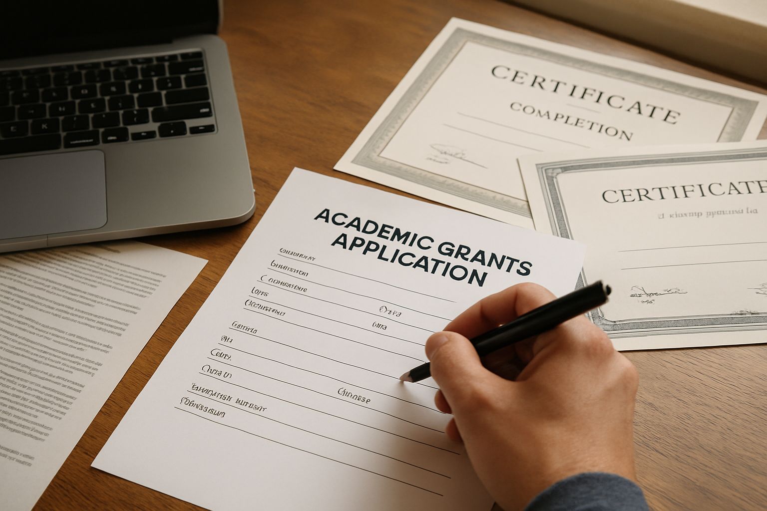 Close-up of academic grants application paperwork on wooden desk.