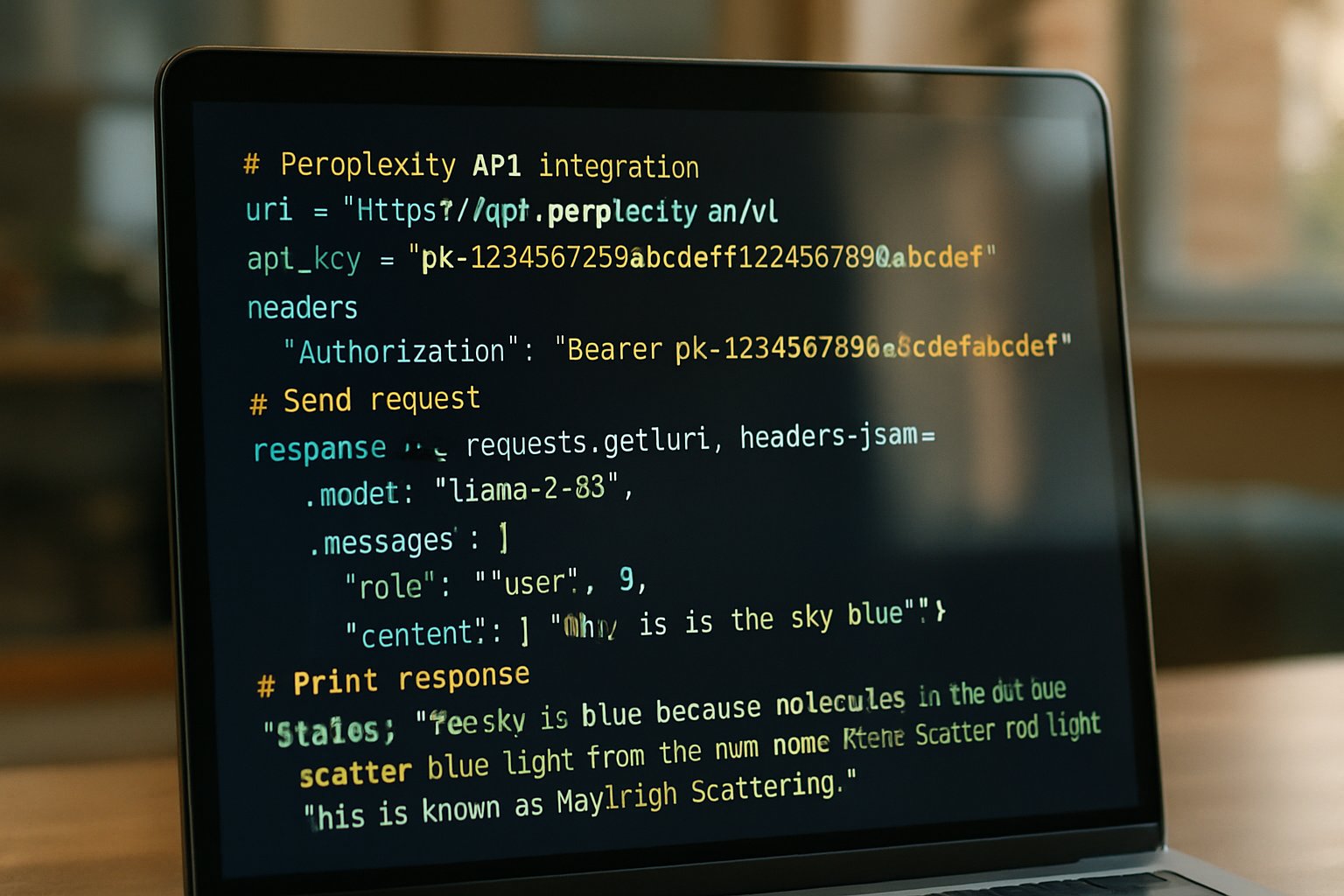 Closeup of code integrating Perplexity API on developer's screen.