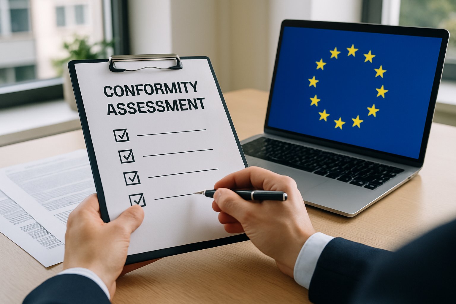 Compliance officer holding checklist during Conformity Assessment Struggle for EU AI rules.