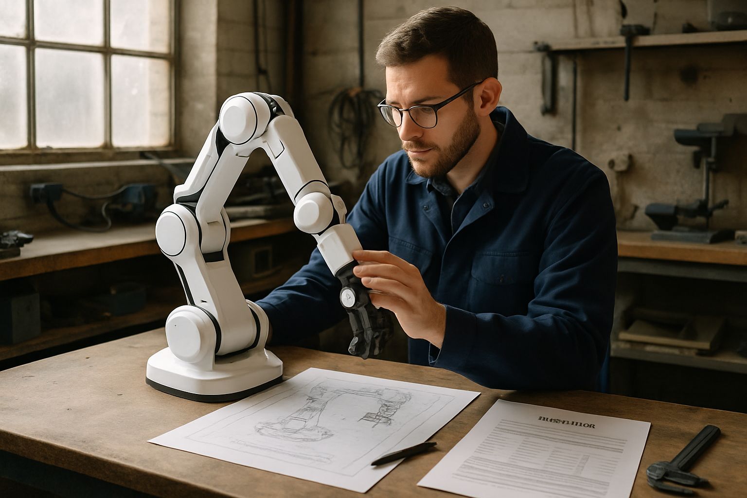 Engineer reviews robotics technology for Robotics Valuation assessment.