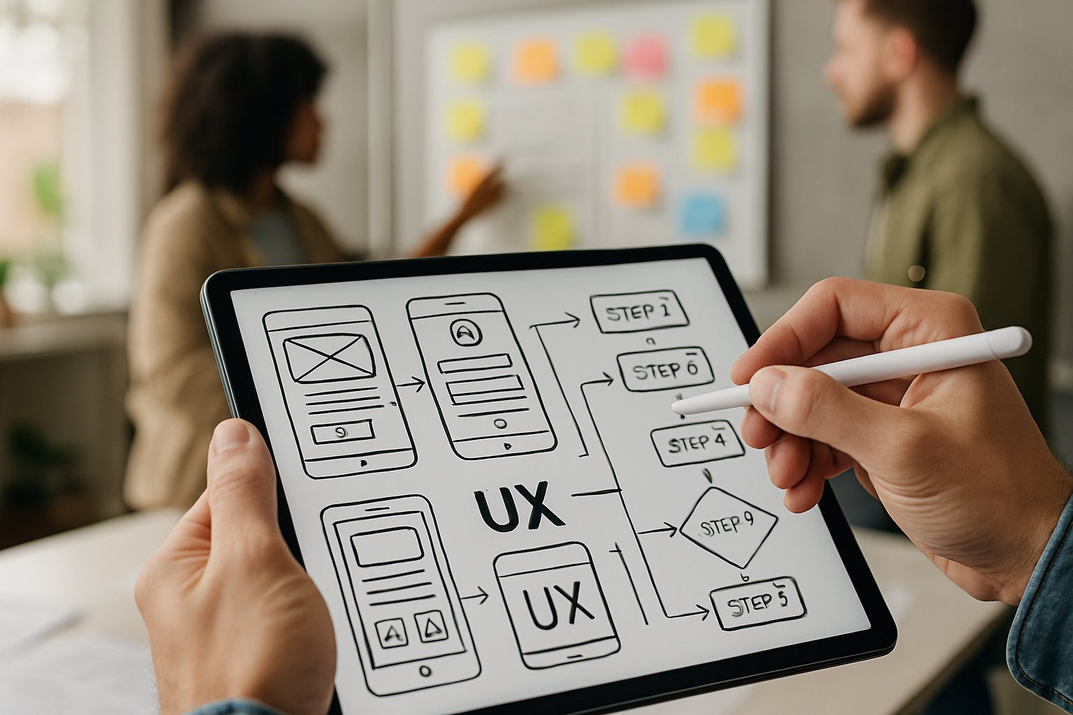 Creative Industry Shift depicted by hands designing on a tablet with team in background.