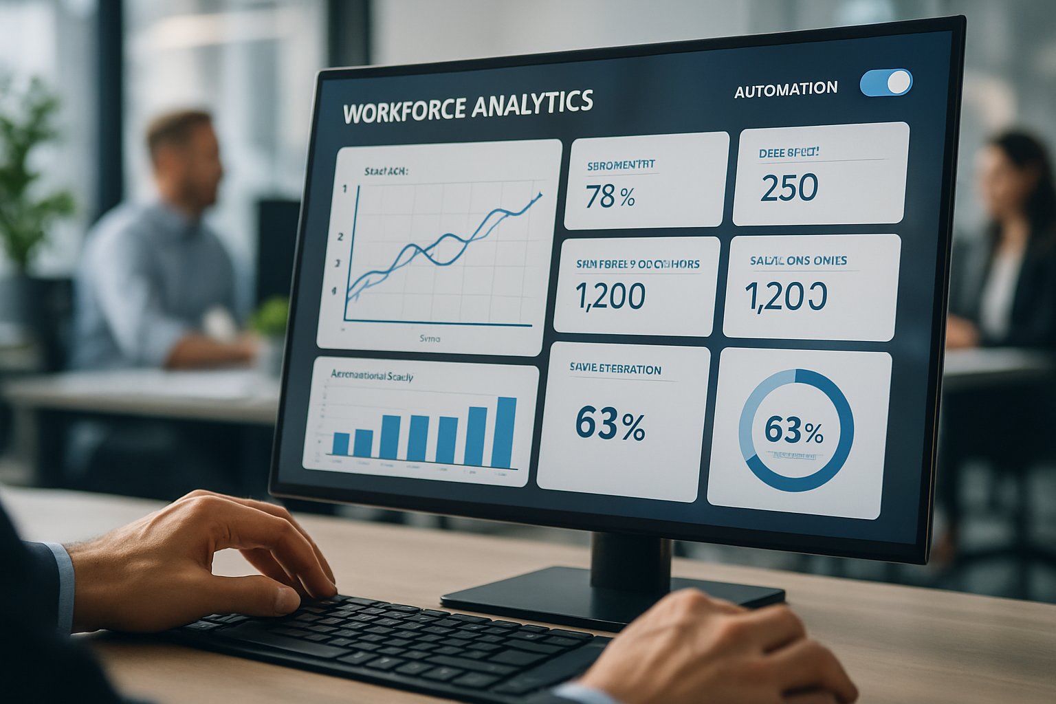 Hands using Workforce Automation software interface for HR analytics