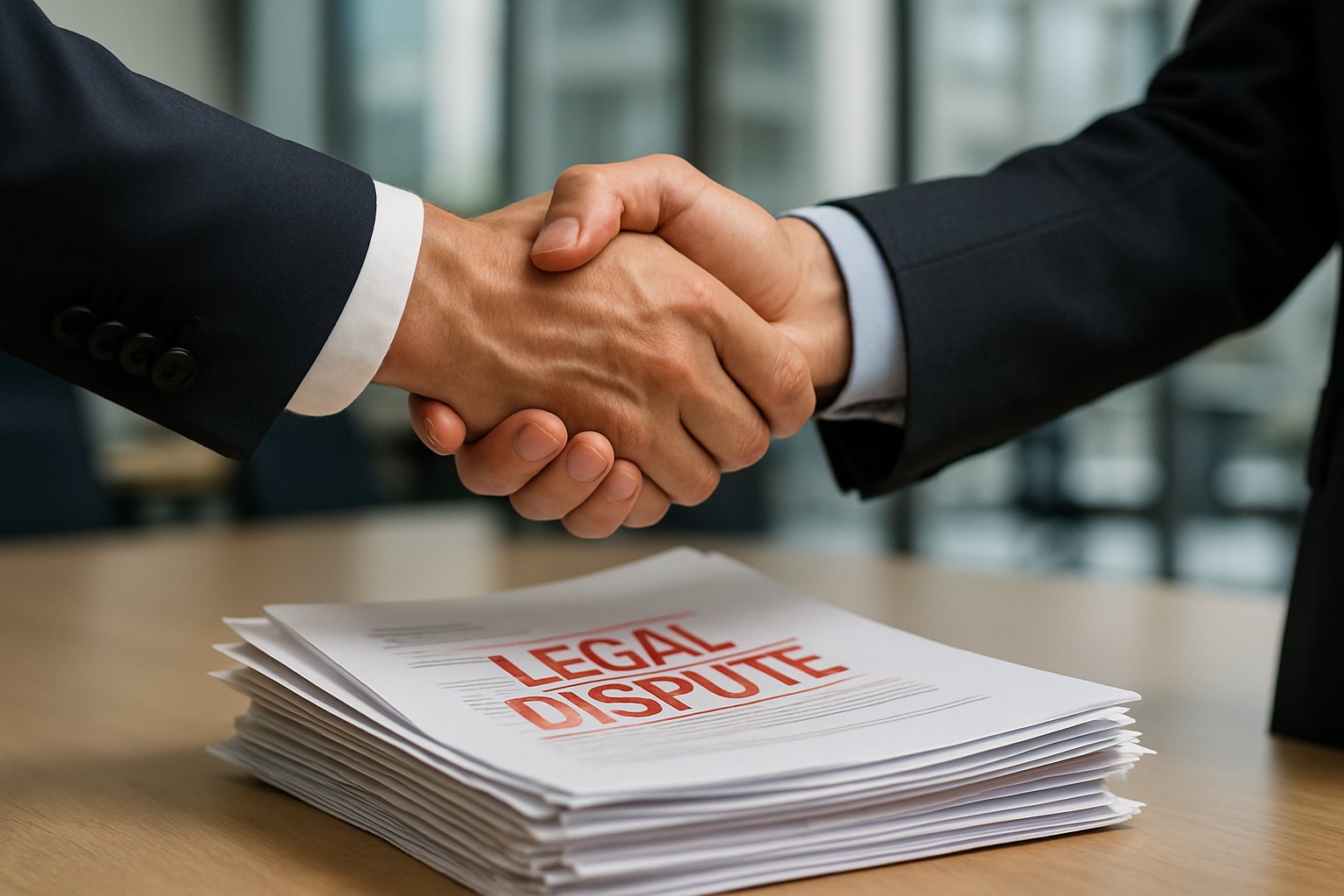 Close-up handshake over Legal Dispute documents in corporate setting.