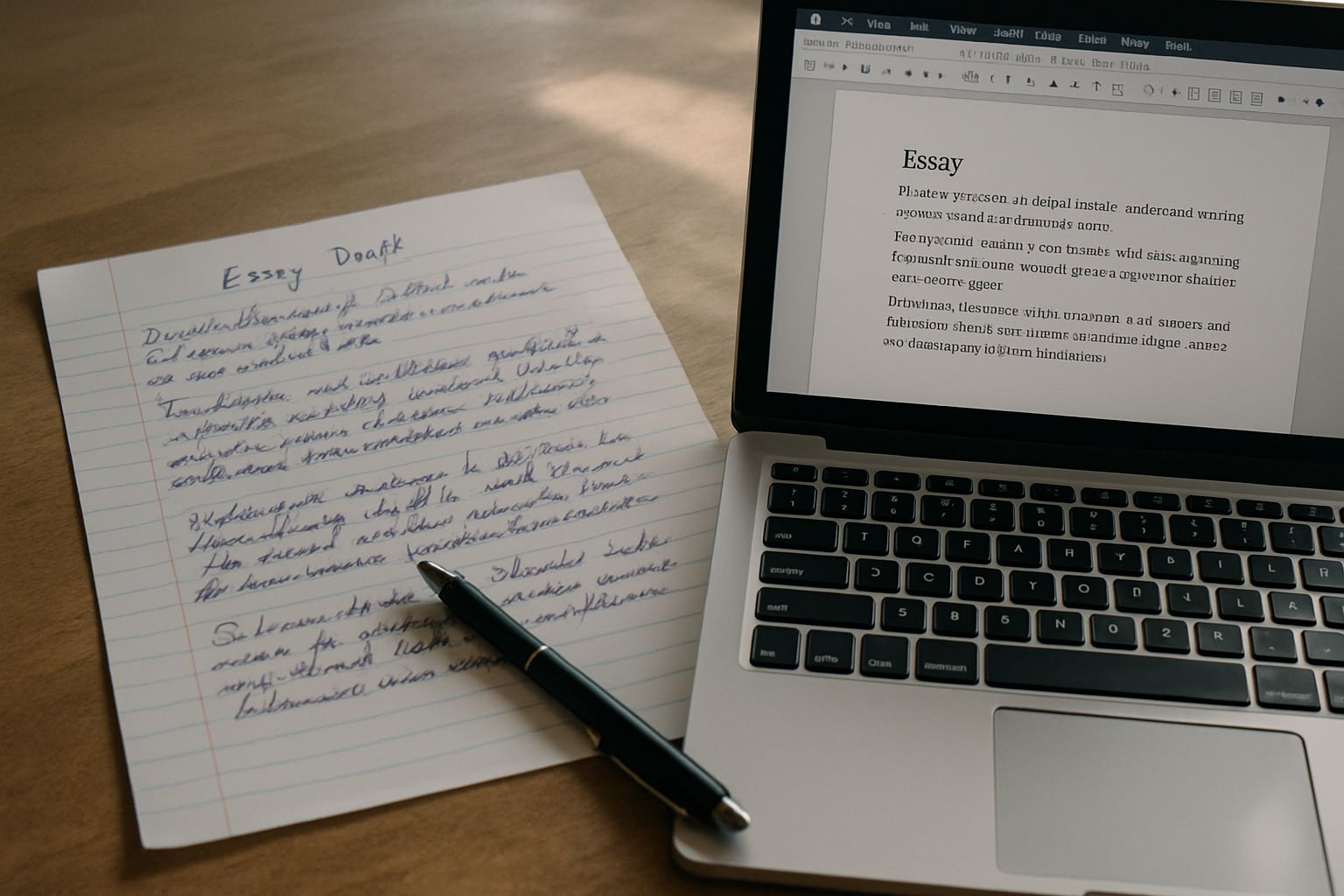 Handwritten essay and laptop illustrate Cognitive Writing Erosion risks