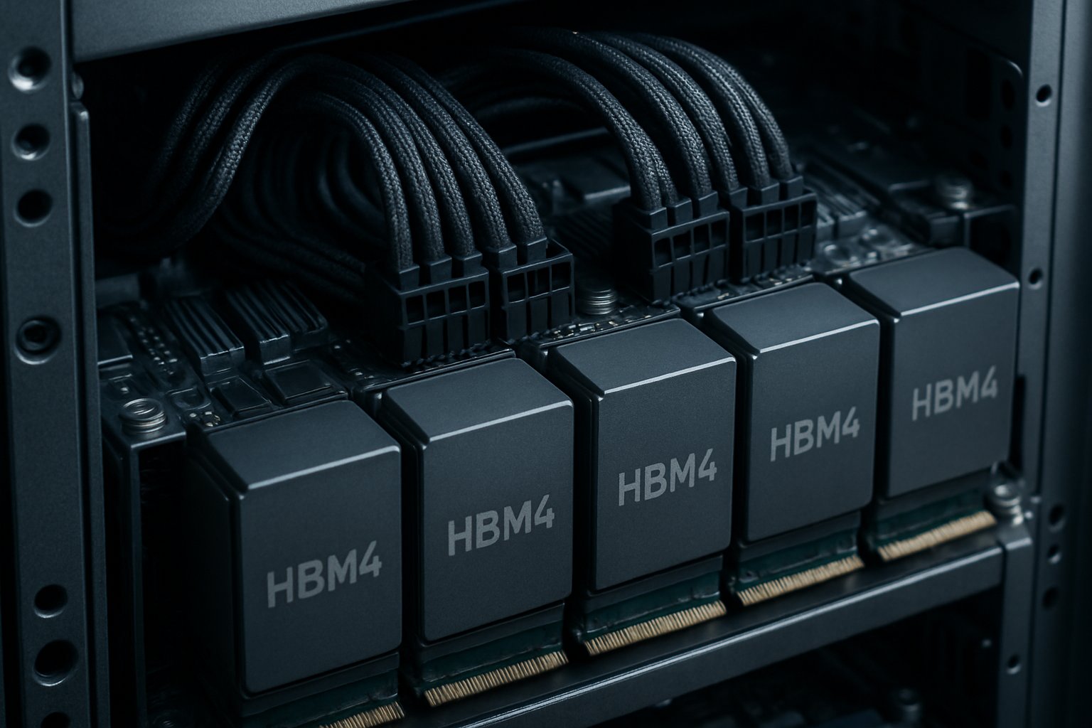High-resolution view of server rack components with HBM4 memory modules in advanced hardware architecture.