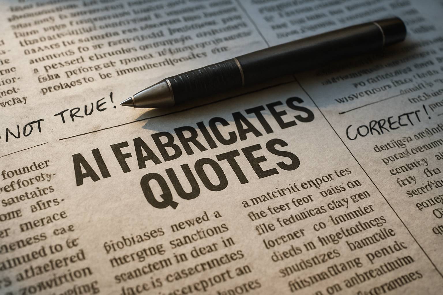 Newspaper headline focusing on AI Quote Fabrication with editorial notes.