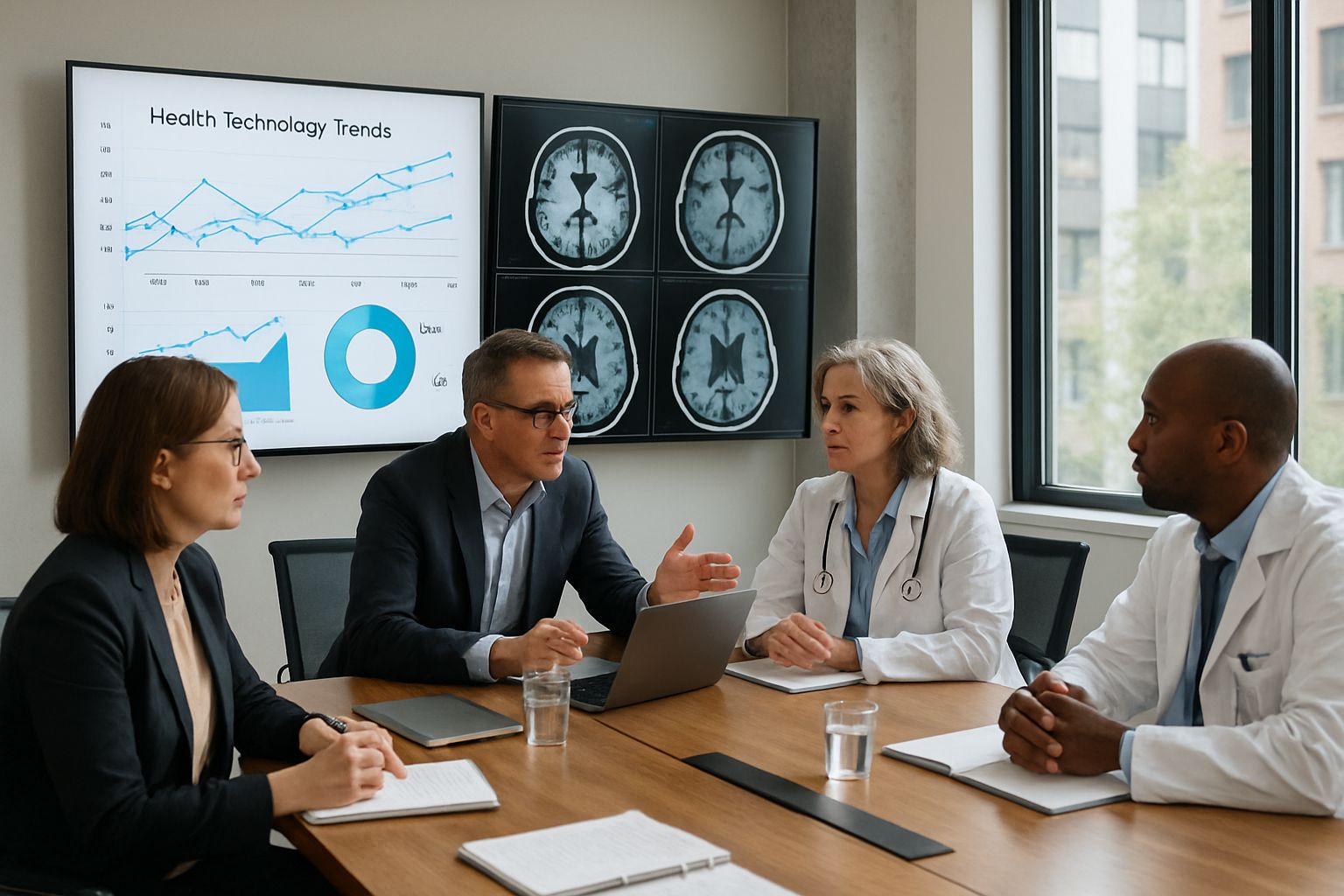 Healthcare experts analyze data on Health Technology advancements in meeting.