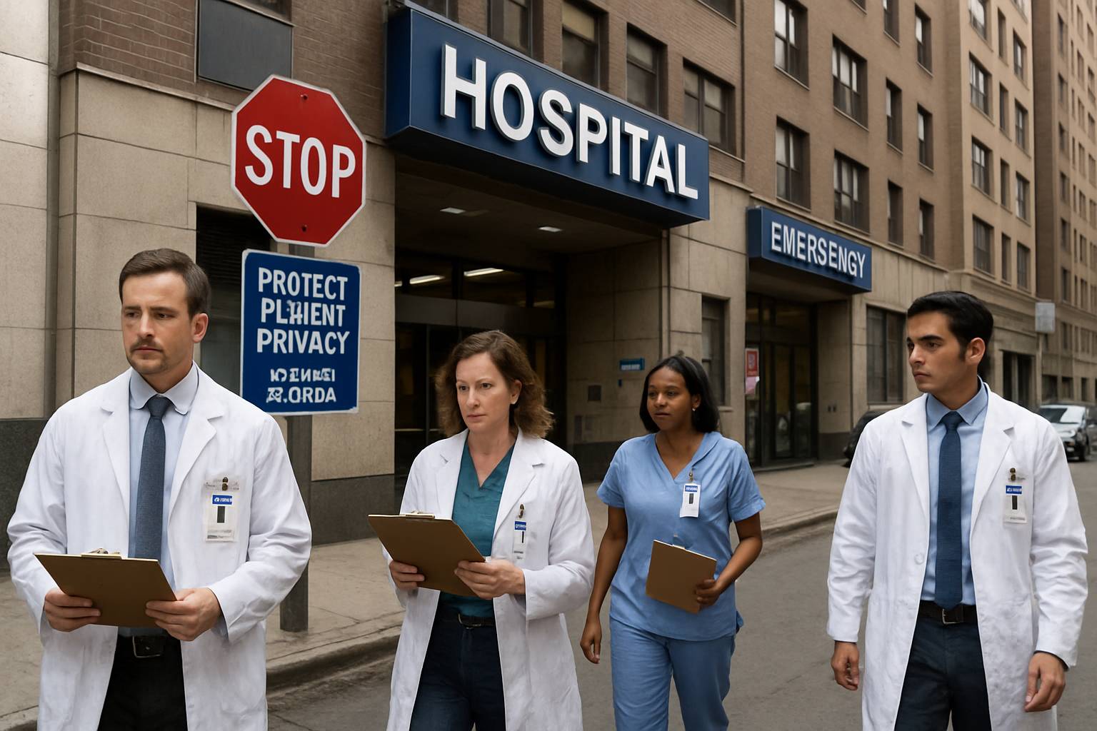NYC hospital staff emphasize Healthcare Data Scrutiny with visible privacy signage outside facility.