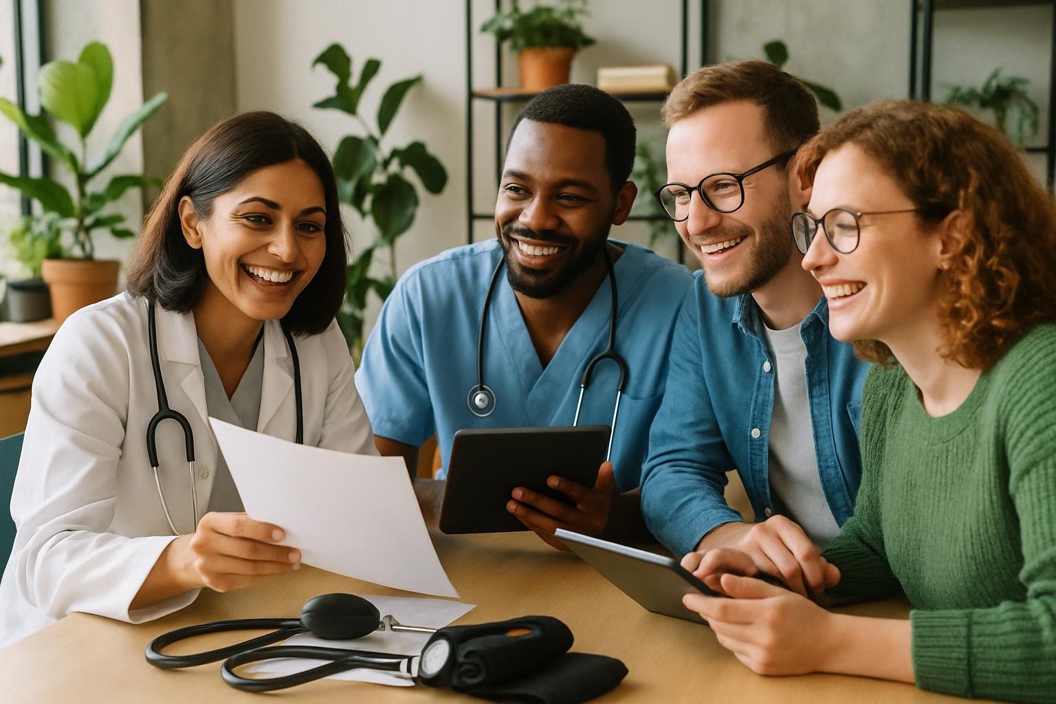 Healthcare and tech professionals working together at a Best Startup Employer office.