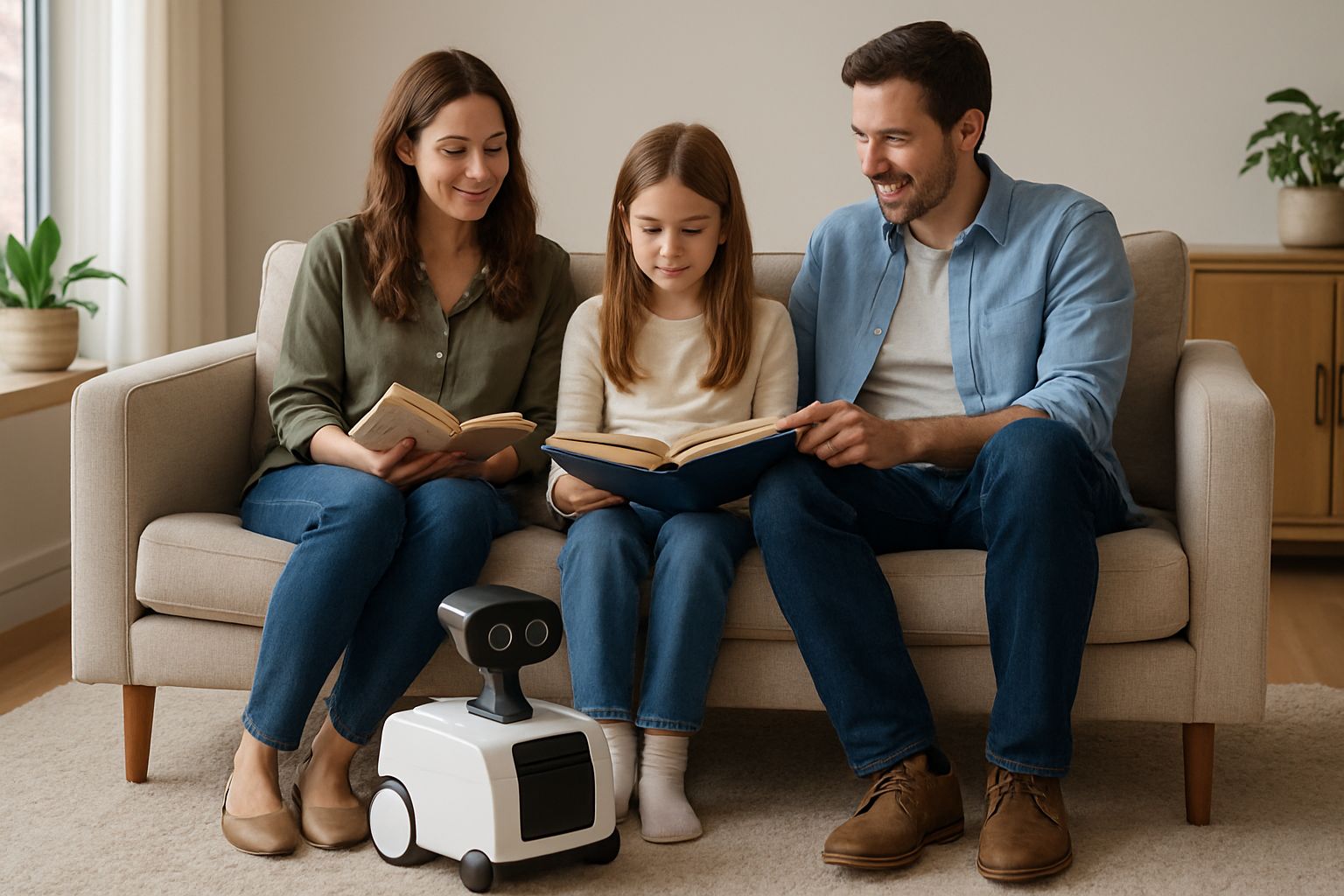 Consumer Robotics home robot assisting a family in a modern living room.