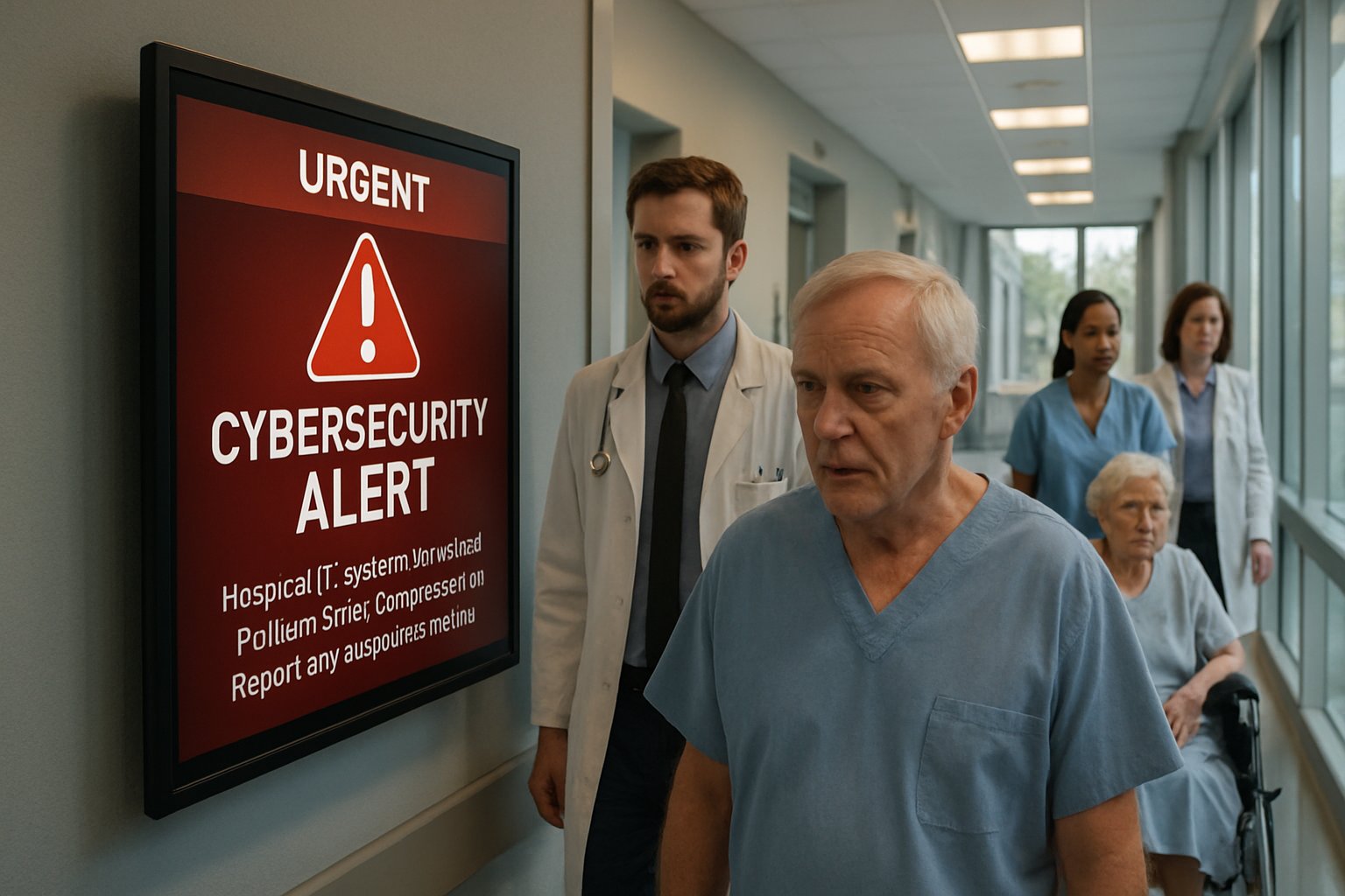 Hospital hallway digital alert highlights Data Breach Crisis to staff and patients.