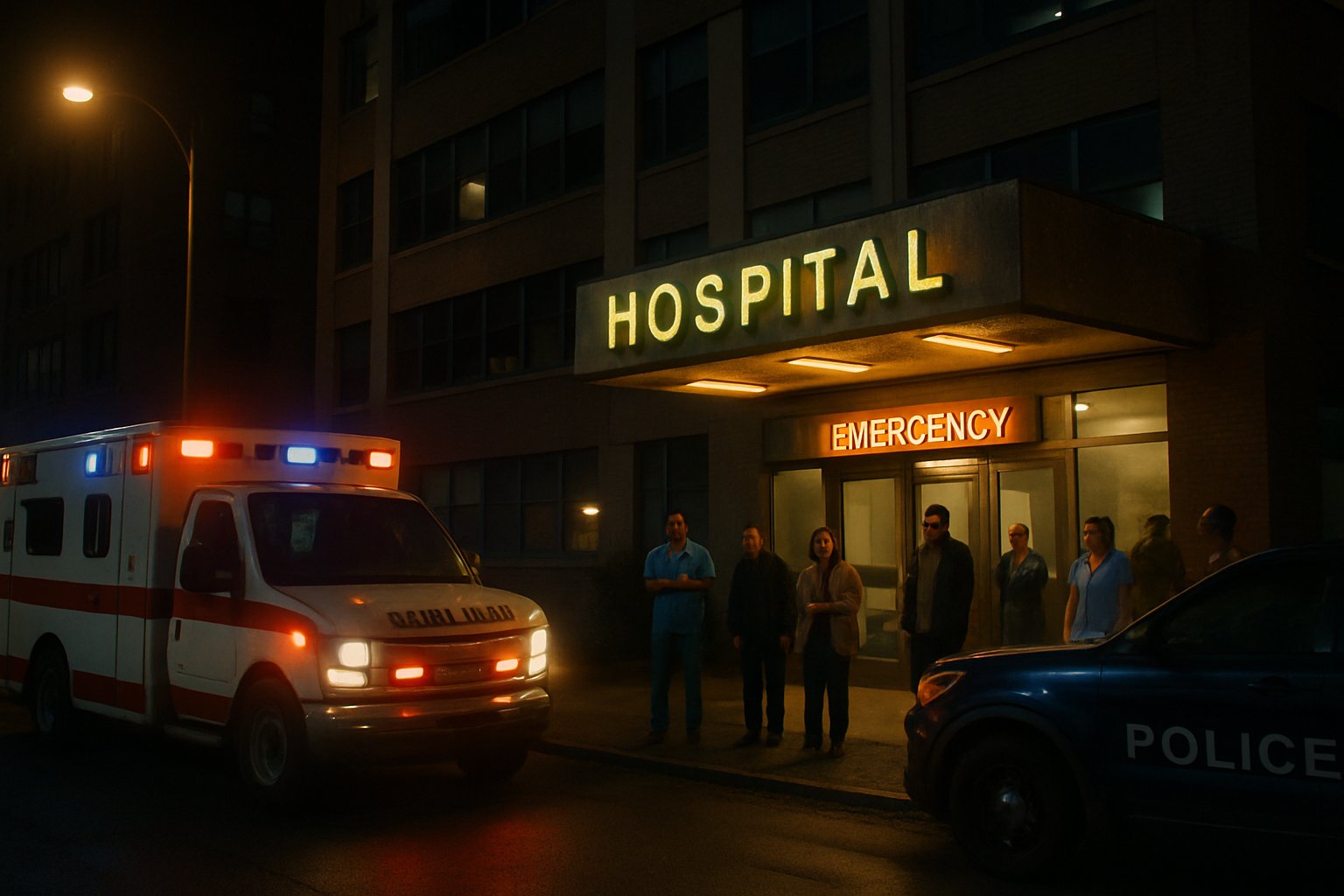 Critical Infrastructure Failure causing power disruption at hospital with emergency vehicles present.