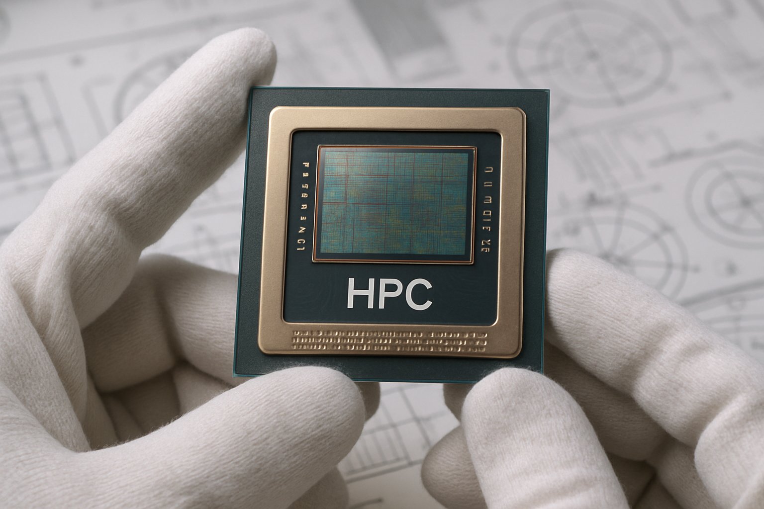 Close-up of advanced HPC chip in research lab environment.