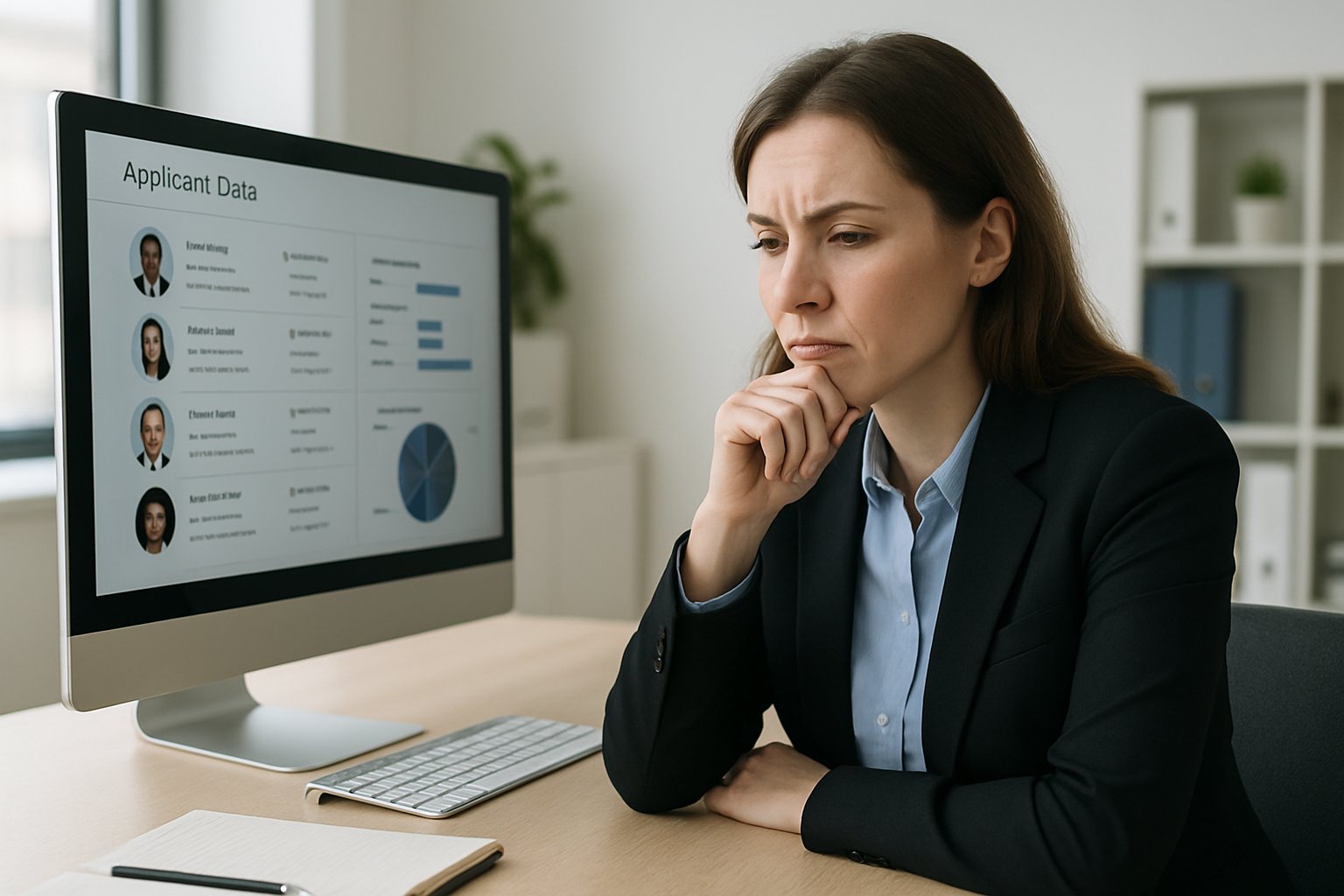 HR manager at desk concerned about Recruitment Bias Crisis.