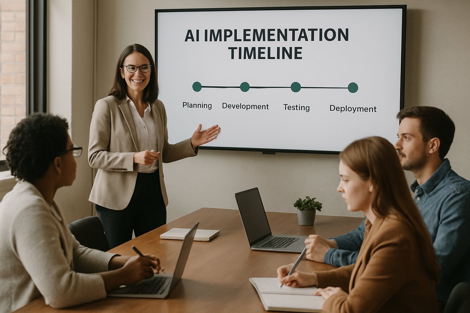 HR leader presenting Internal AI Adoption timeline to employees.